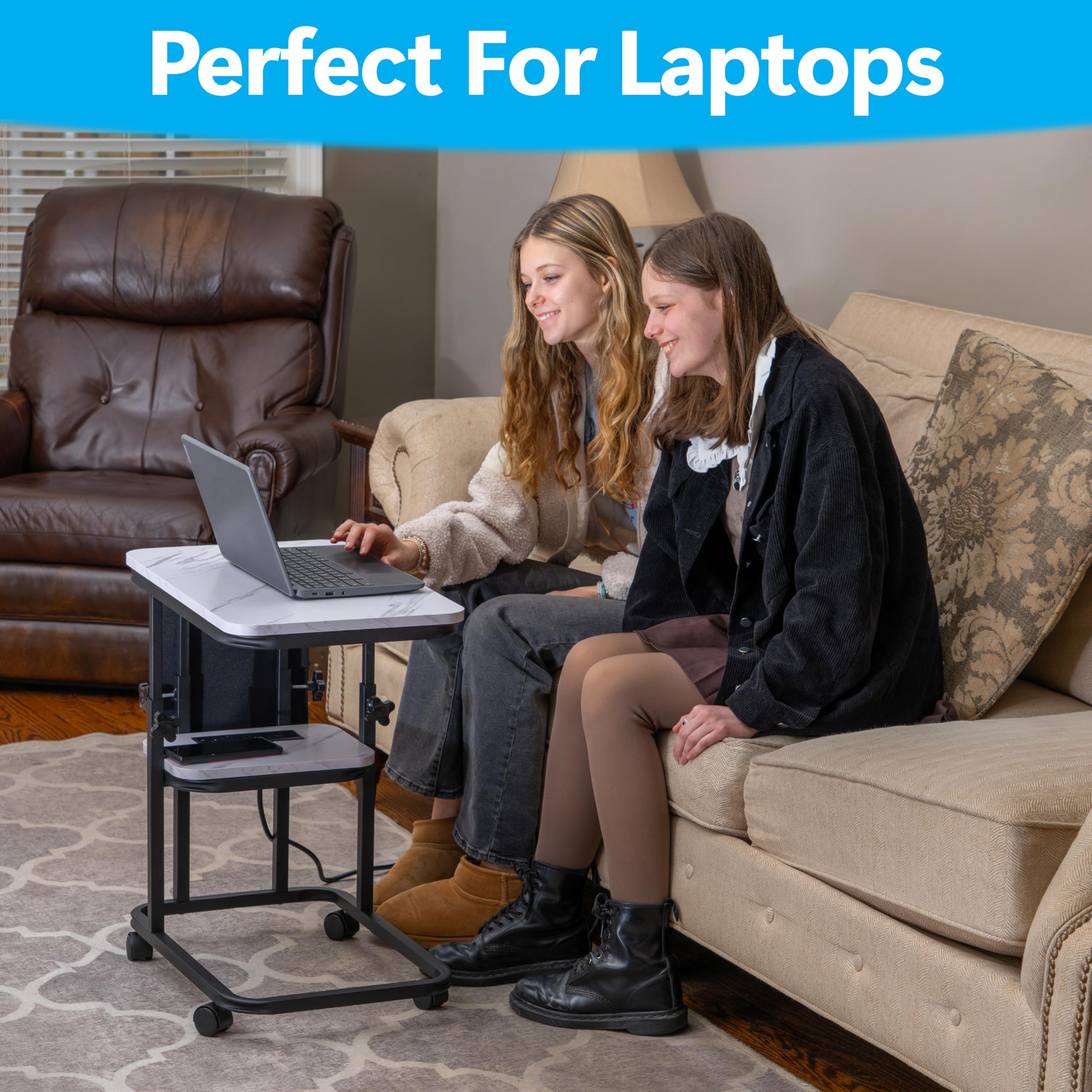 C Shaped End Table with Charging Station, Adjustable Height with Lockable Wheels & Storage Pouch, Rolling Side Table Slide Under Couch Laptop Desk, Small Sofa Table for Living Room (Large)