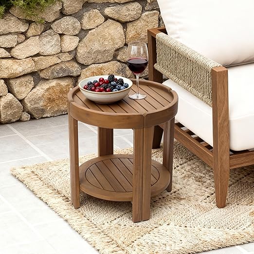 Round Acacia Wood & Rope Outdoor Coffee Table
