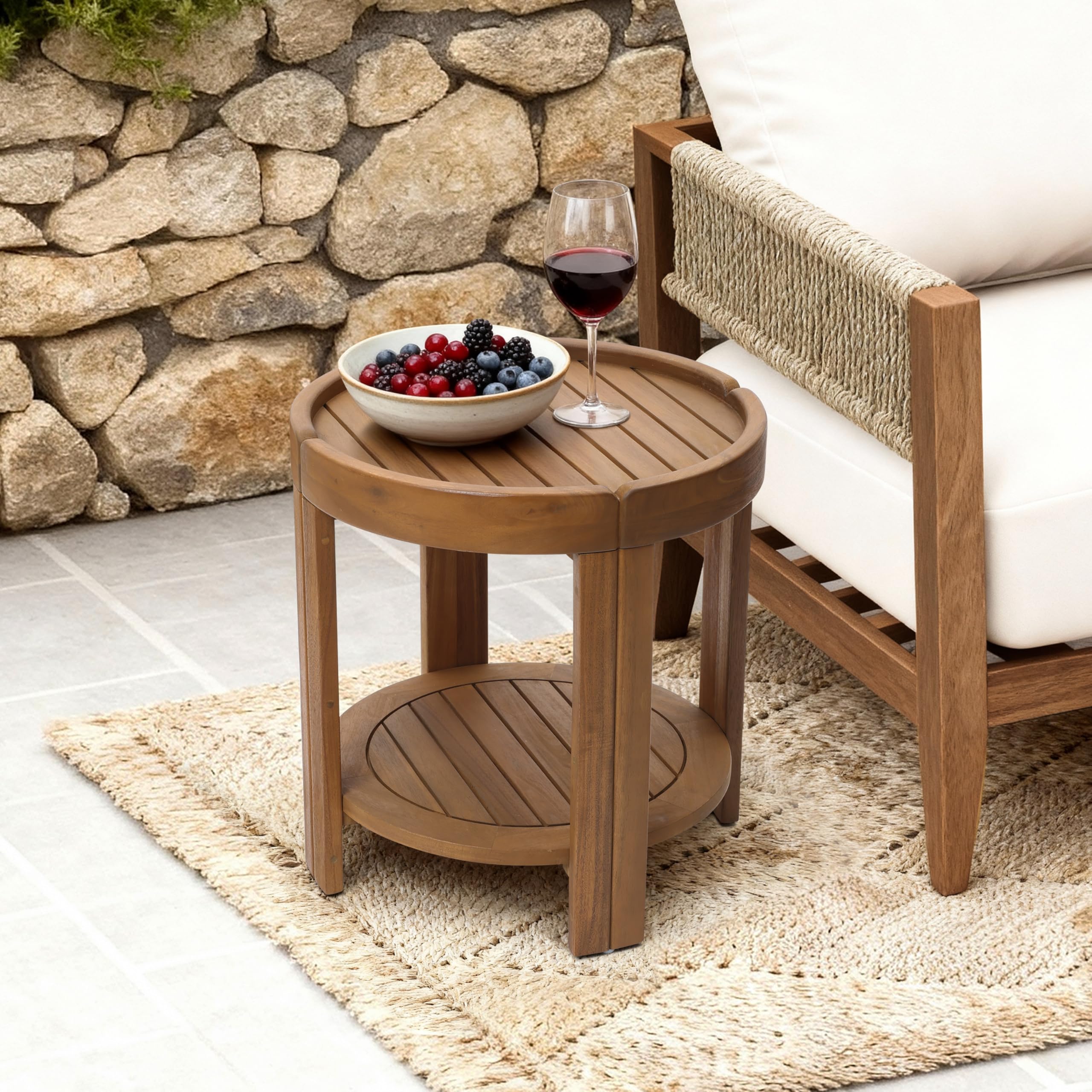 Acacia Wood Outdoor Side Table with Tray Top & Shelf