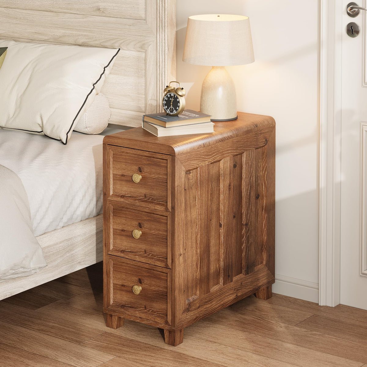 LINSY HOME Solid Wood End Table, 3-Drawer Rustic Nightstand, Light Brown