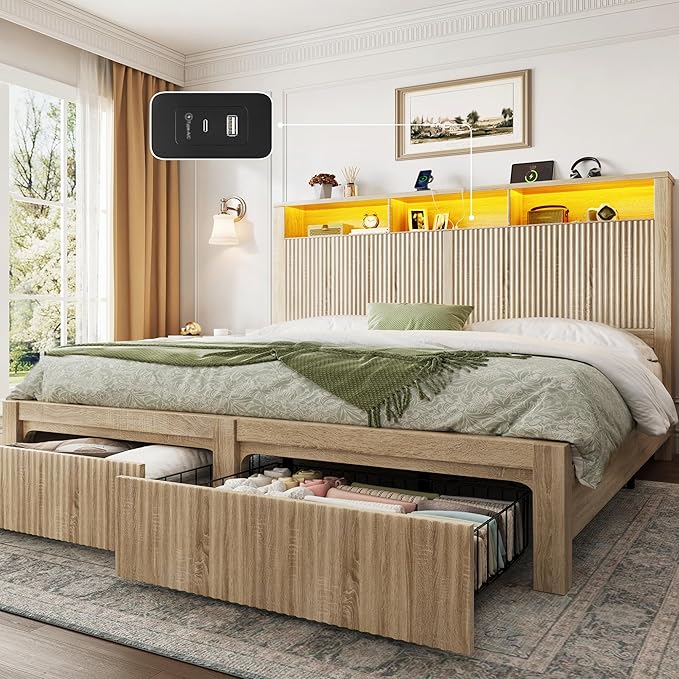King Size Bed Frame with Storage Drawers, LED Lights & Charging Port