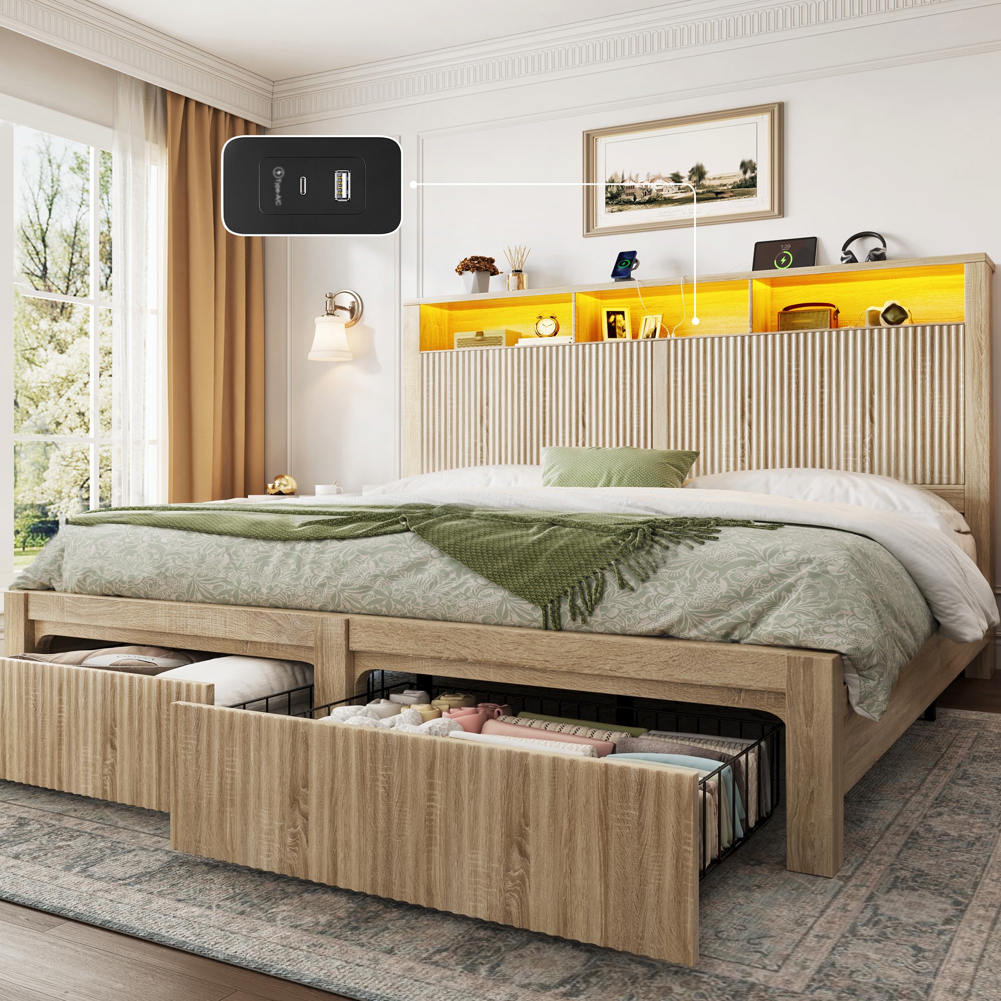 King Size Bed Frame with Storage Drawers, LED Lights & Charging Port