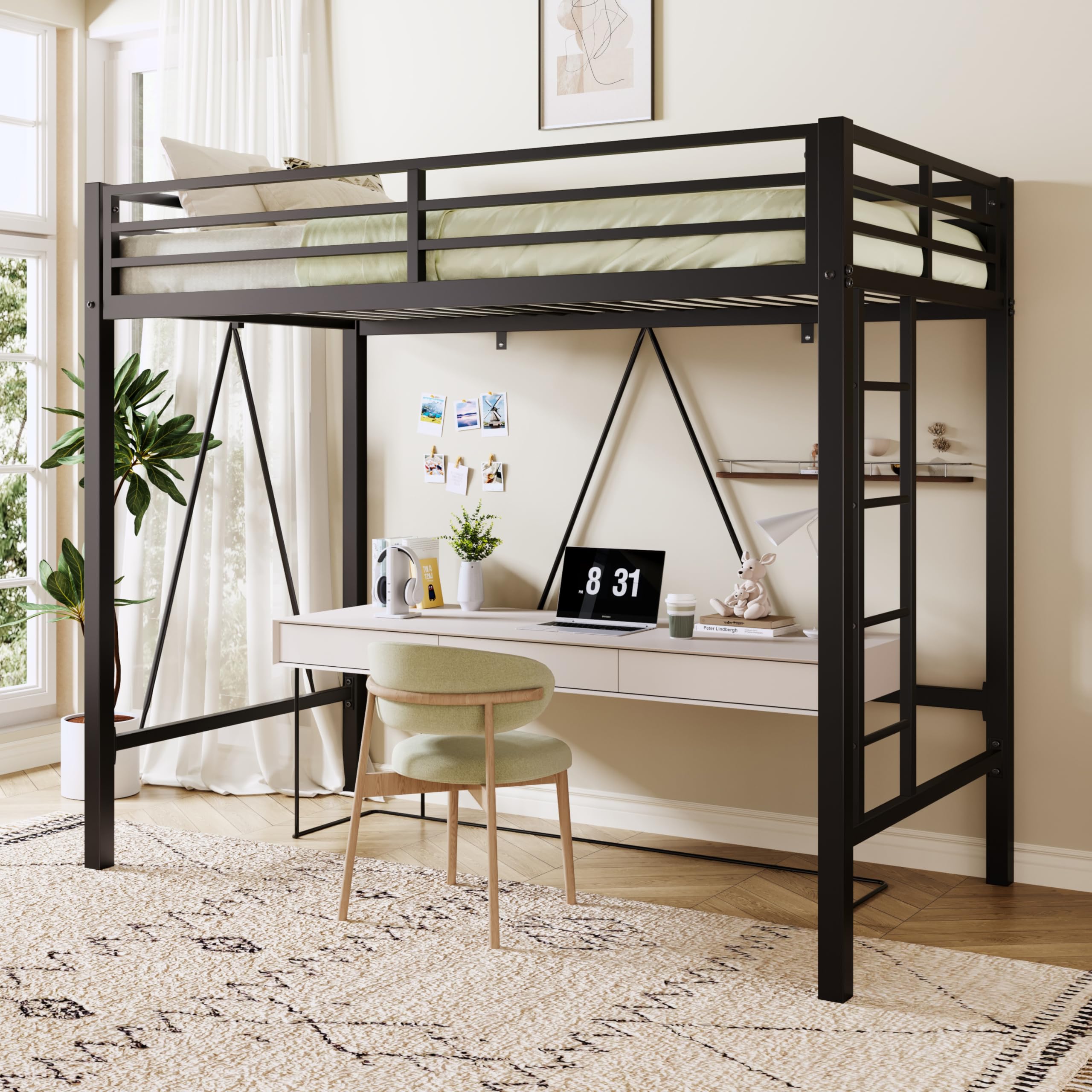 Twin Metal Loft Bed with Guardrail