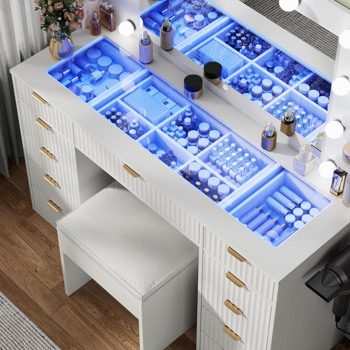 Gyfimoie Vanity Desk with Glass Top and 11 LED Bulbs,Makeup Table with Large Mirror & Power Outlet, Dressing Table with 11 Drawers & Cushioned Stool for Women and Girls,Bedroom