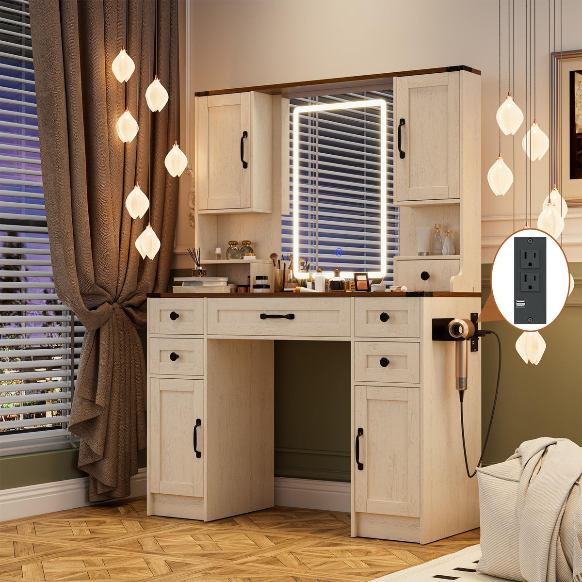 NUNU LAB 42 Inchs Large Vanity Desk with Mirror and Lights