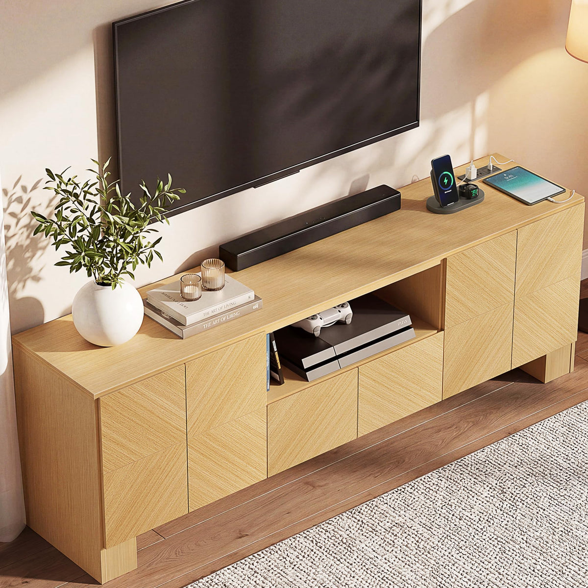 Natural Oak TV Stand with Outlet