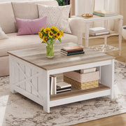 Square Farmhouse Coffee Table with 2-Tier Storage