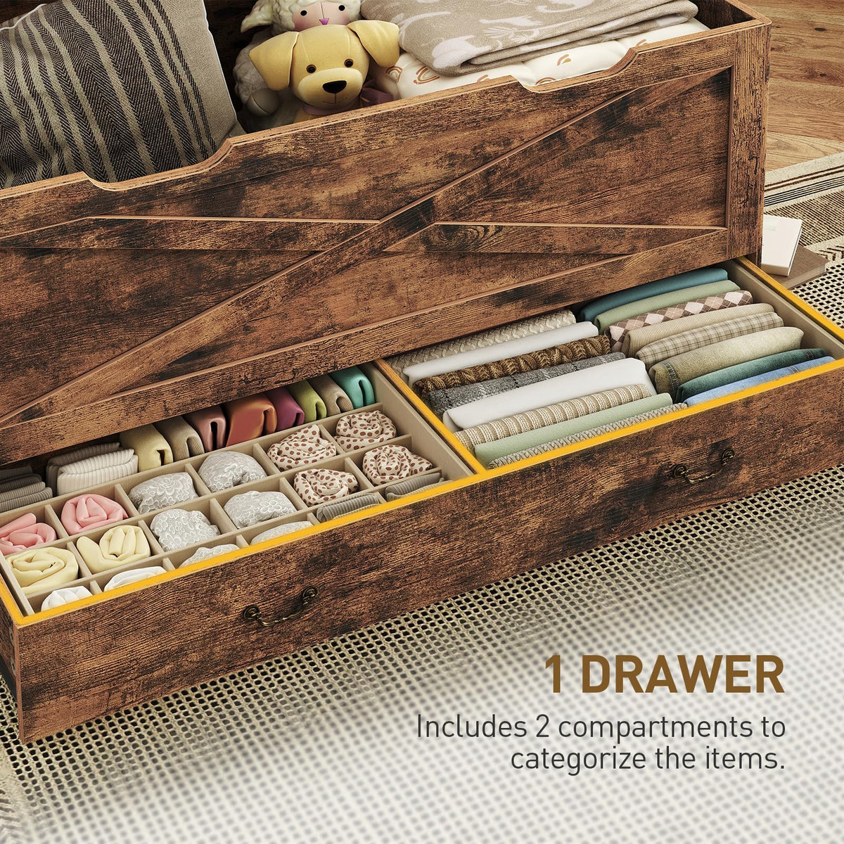 RALGEND Toy Chest, 47.2" Storage Chest with Drawer and Pull Handles