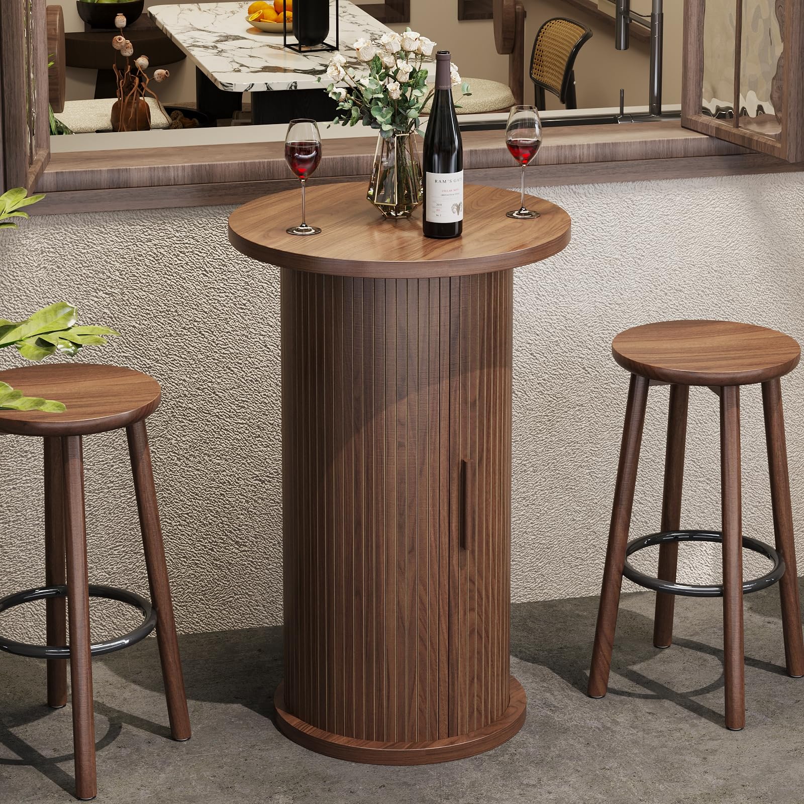 ALWXIA Round Bar Table with 3-Tier Hidden Storage Shelves Slide Door, 36.4'' High Top Bistro Table Cocktail Table for Small Bars, Dining Room, Living Room (Walnut)