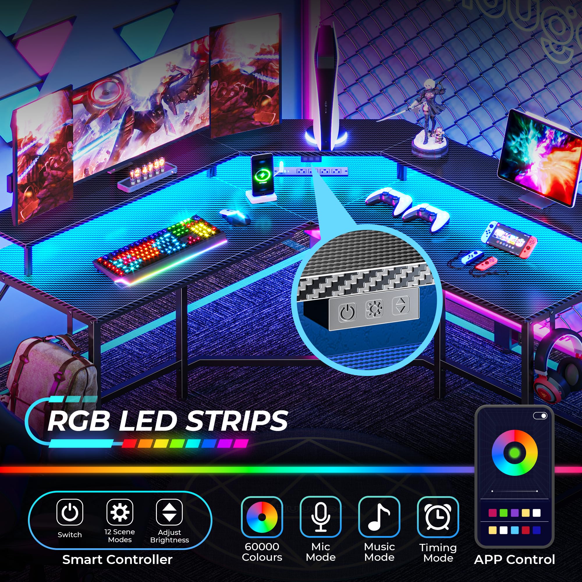L-Shaped Gaming Desk with LED Lights & Power Outlets