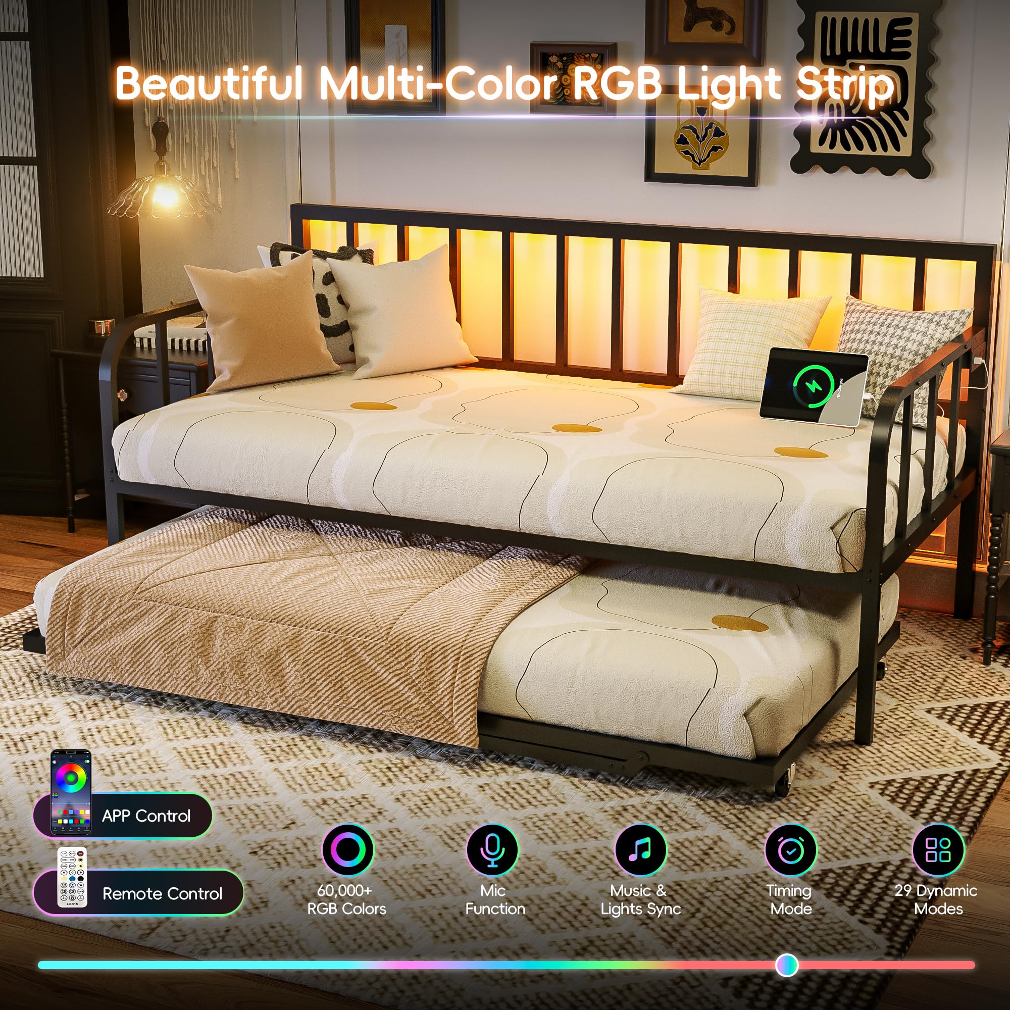 Twin Daybed with Pop-Up Trundle & LED Lights
