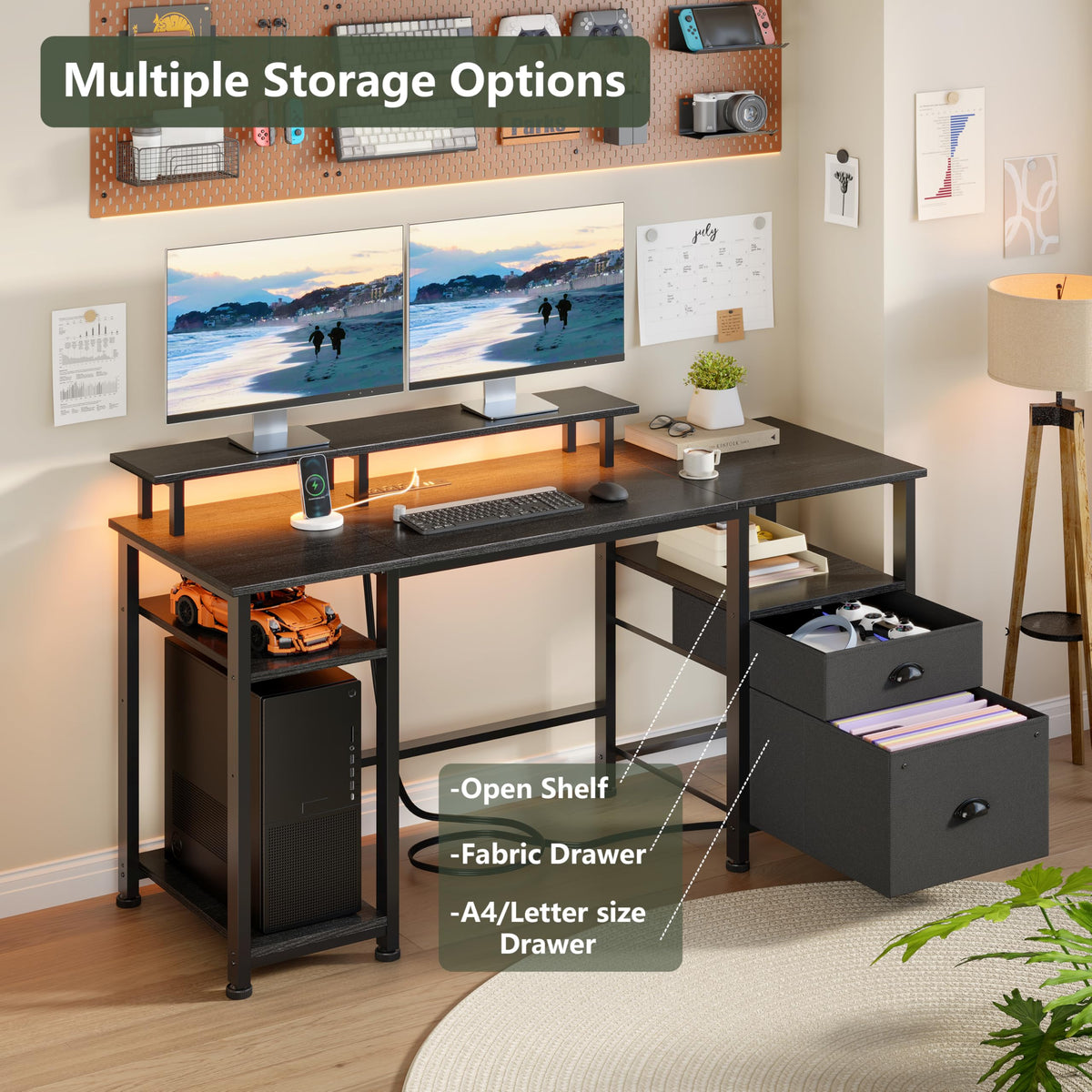 Furologee 51" Gaming Desk with Outlets & LED, Computer Office Desk, Black