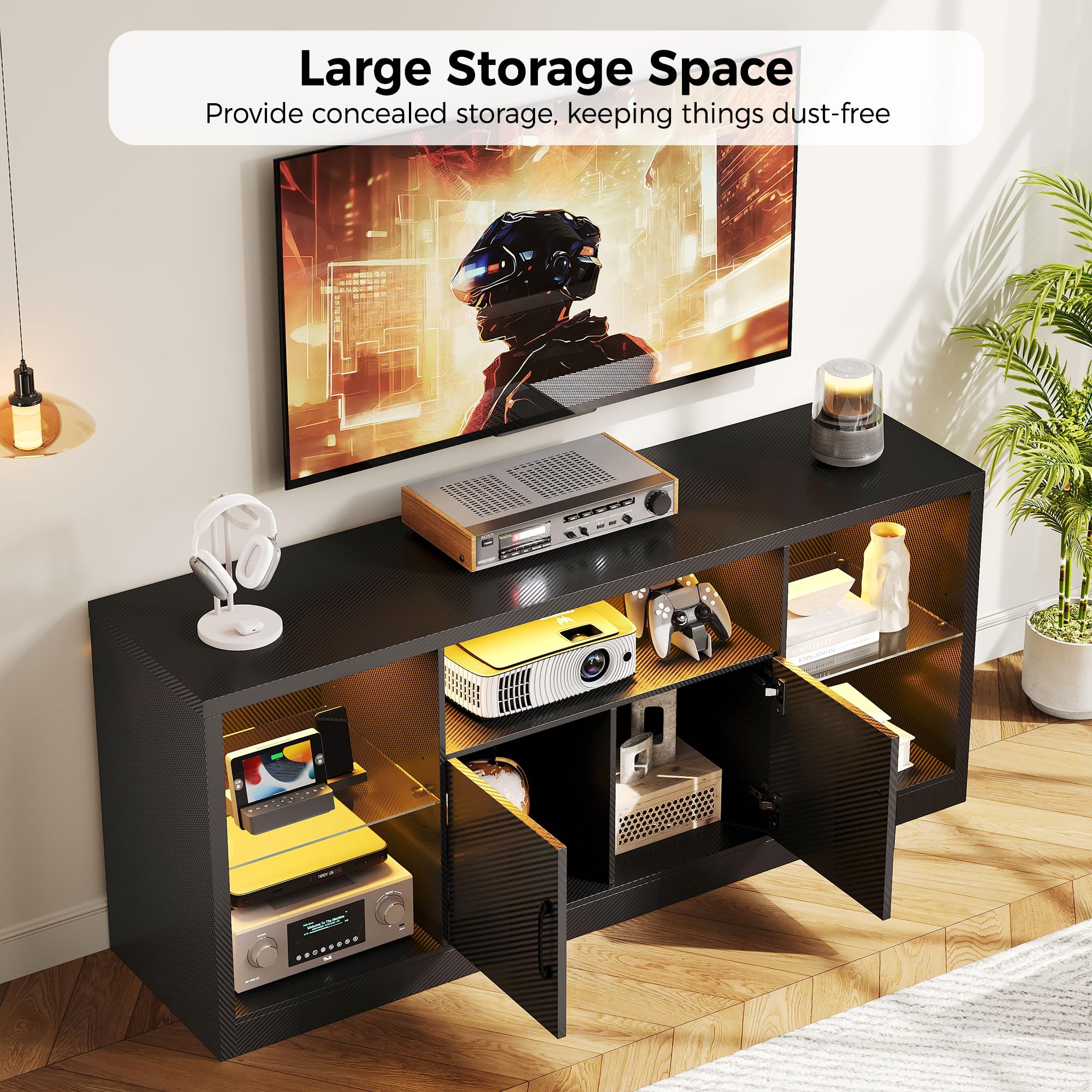 IRONCK TV Stand for TVs 65 inch with Power Outlet and LED Lights, Carbon Fiber Entertainment Center with Storage Cabinets, Adjustable Glass Shelves, Modern TV Stands for Living Room, Black