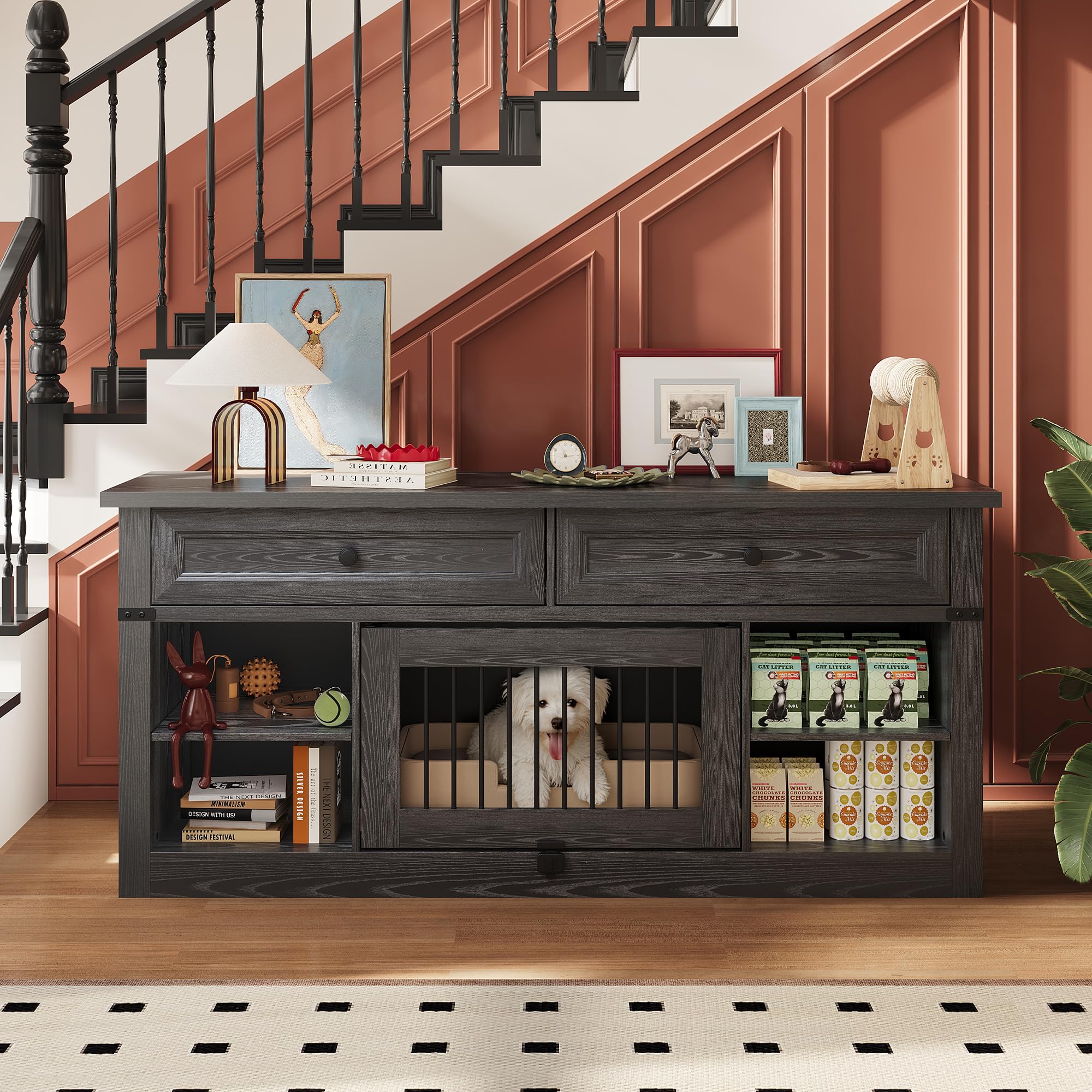 TV Stand with Pet Crate & Storage Drawers