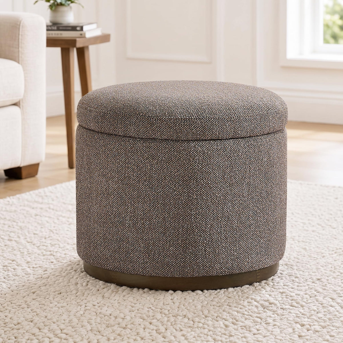 Round Bouclé Storage Ottoman