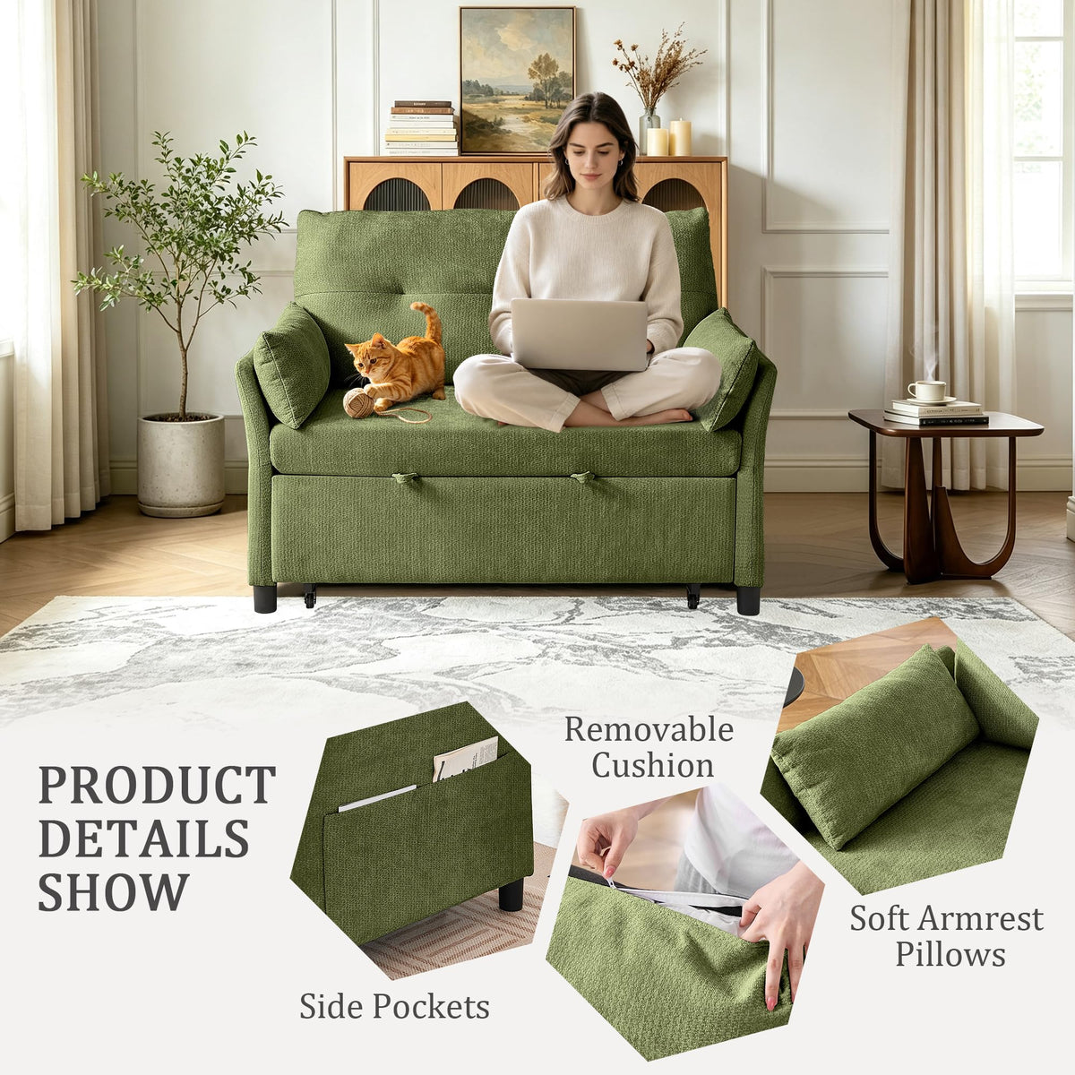 Green Linen Pull-Out Sleeper Loveseat