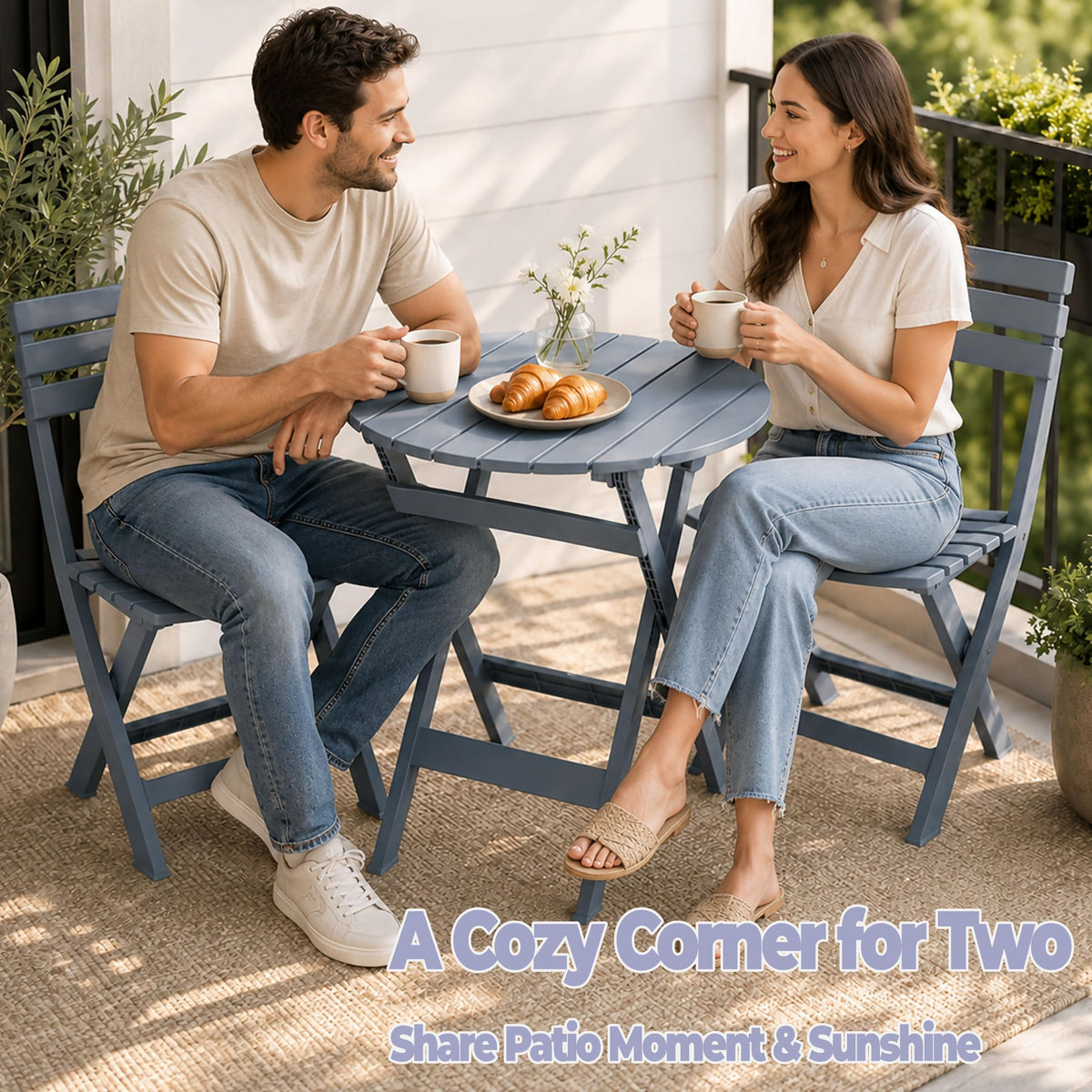 ARIA HOME 3 Piece Outdoor Bistro Set, Round Folding Patio Table and 2 Chairs, Blue