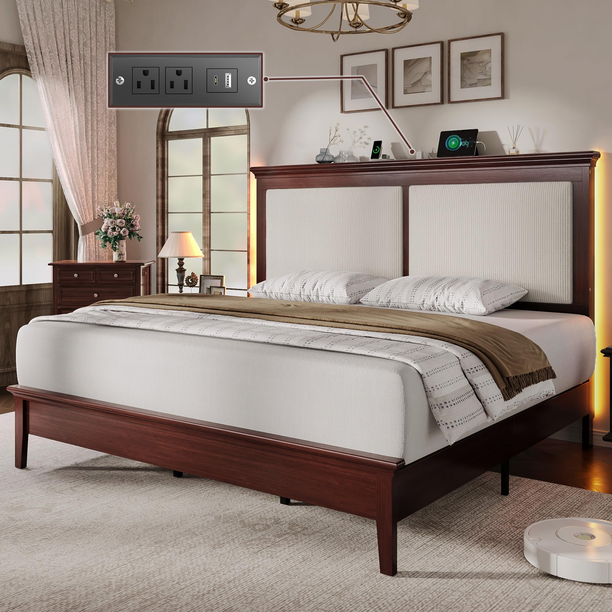 Lifezone Queen Bed Frame with Headboard, Solid Wood Bed Frame Queen Size with Charging Station & RGB LED, Wood Slats Support, Noise-Free, Sturdy Structure, Easy Assembly, Mahogany