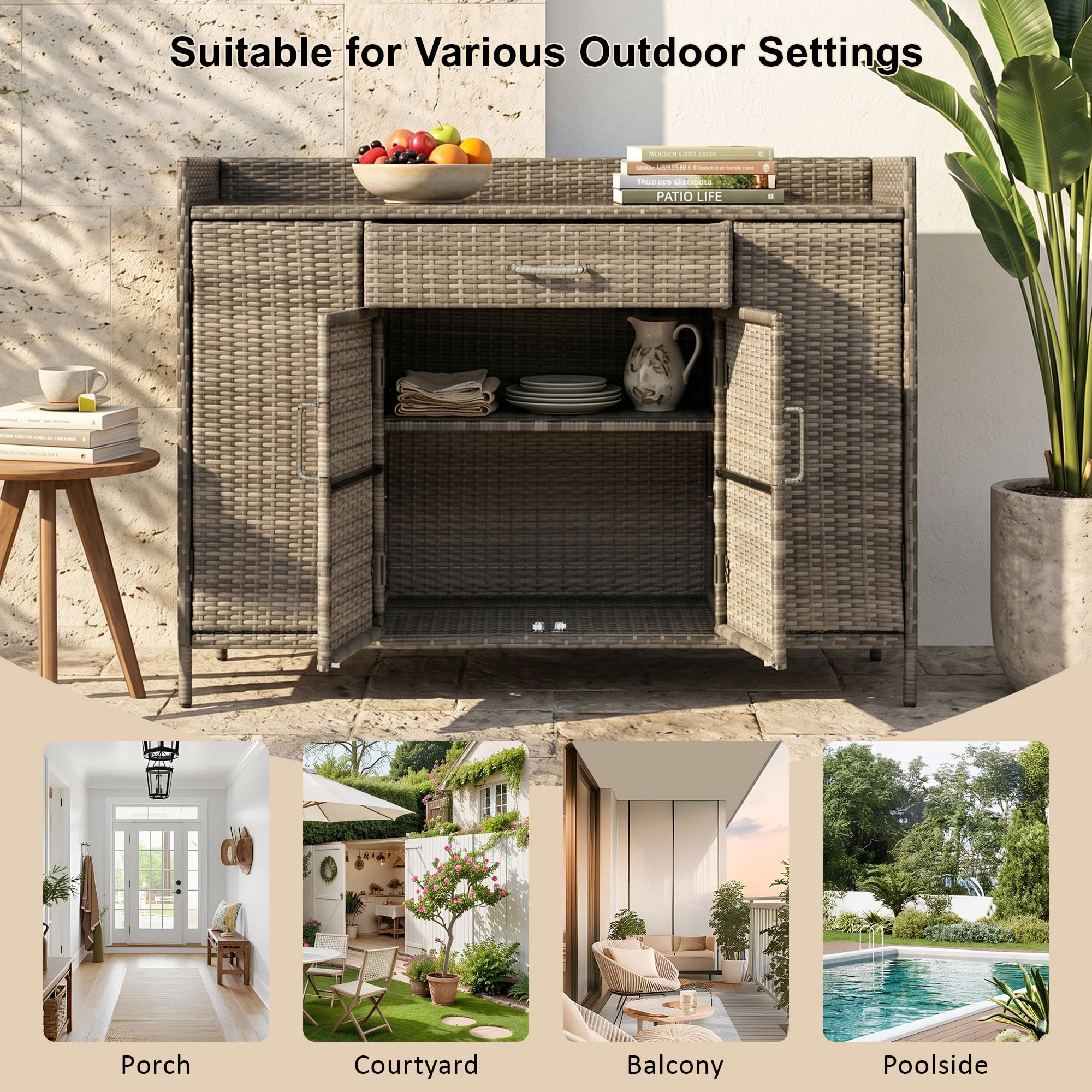 Merax 53.2" Patio Wicker Storage Cabinet, Outdoor Waterproof Patio Bar Table with Drawer and Shelves, Wicker Buffet Cabinet Sideboard for Poolside and Backyard, Gray