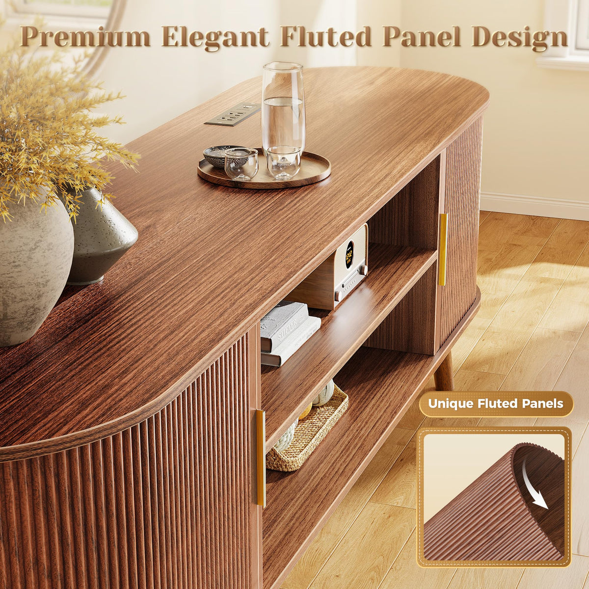 PRAISUN 63 Inch Fluted TV Stand for TVs up to 55, 65 Inch, TV Media Console with Power Outlets and USB-C Port, Entertainment Center with Storage, Curved Sliding Doors, Adjustable Shelf, Brown