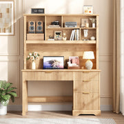 Halitaa Fluted Computer Desk with Hutch and Ample File Drawer, Natural