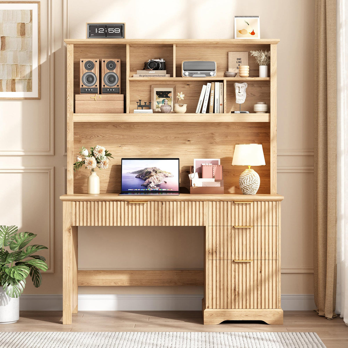 Halitaa Fluted Computer Desk with Hutch and Ample File Drawer, Natural