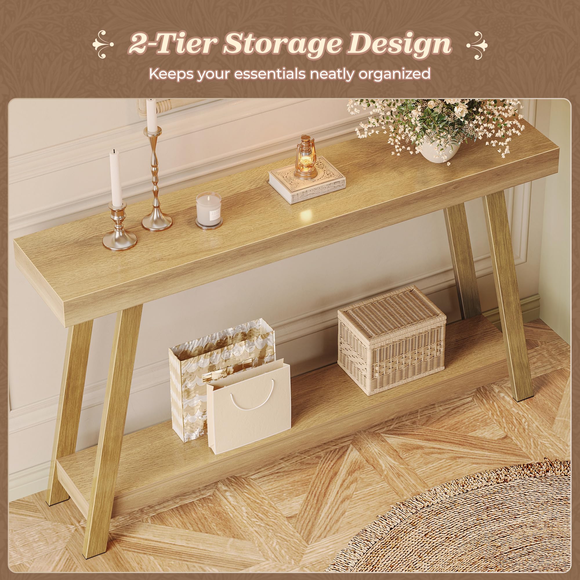 Huuger Console Table with Charging Station, USB-C Port, 2 Tiers Entryway Table, 53.9 Inch Sofa Table with Metal Legs, Entry Hallway Table with Thicker Desktop, Modern Behind Couch Table, Natural