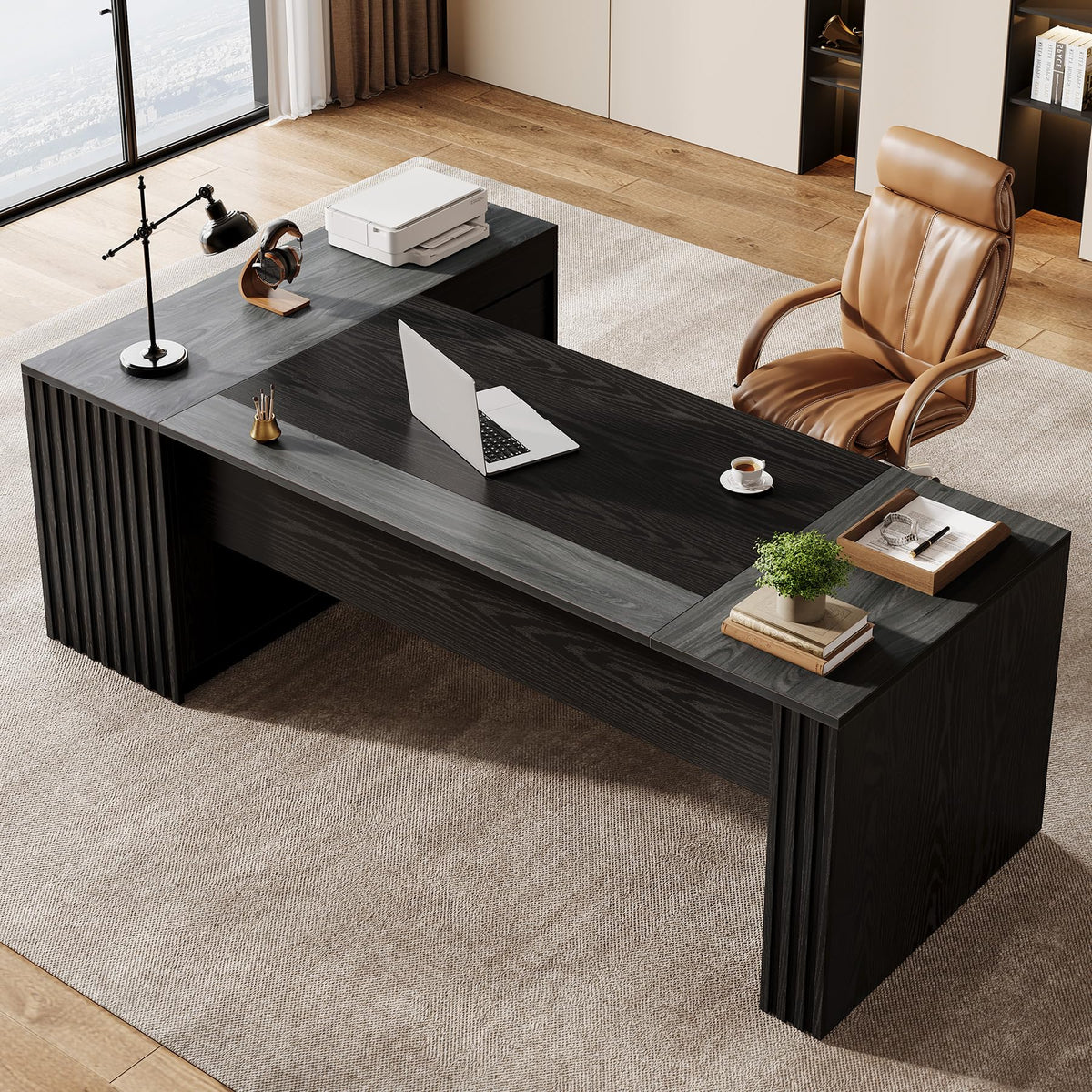 Tribesigns 78" L Shaped Executive Desk with Drawers, Large Office Computer Desk with Cabinet and Storage Shelves, Modern Business Furniture Sets Workstation for Home Office(Gray&Black)