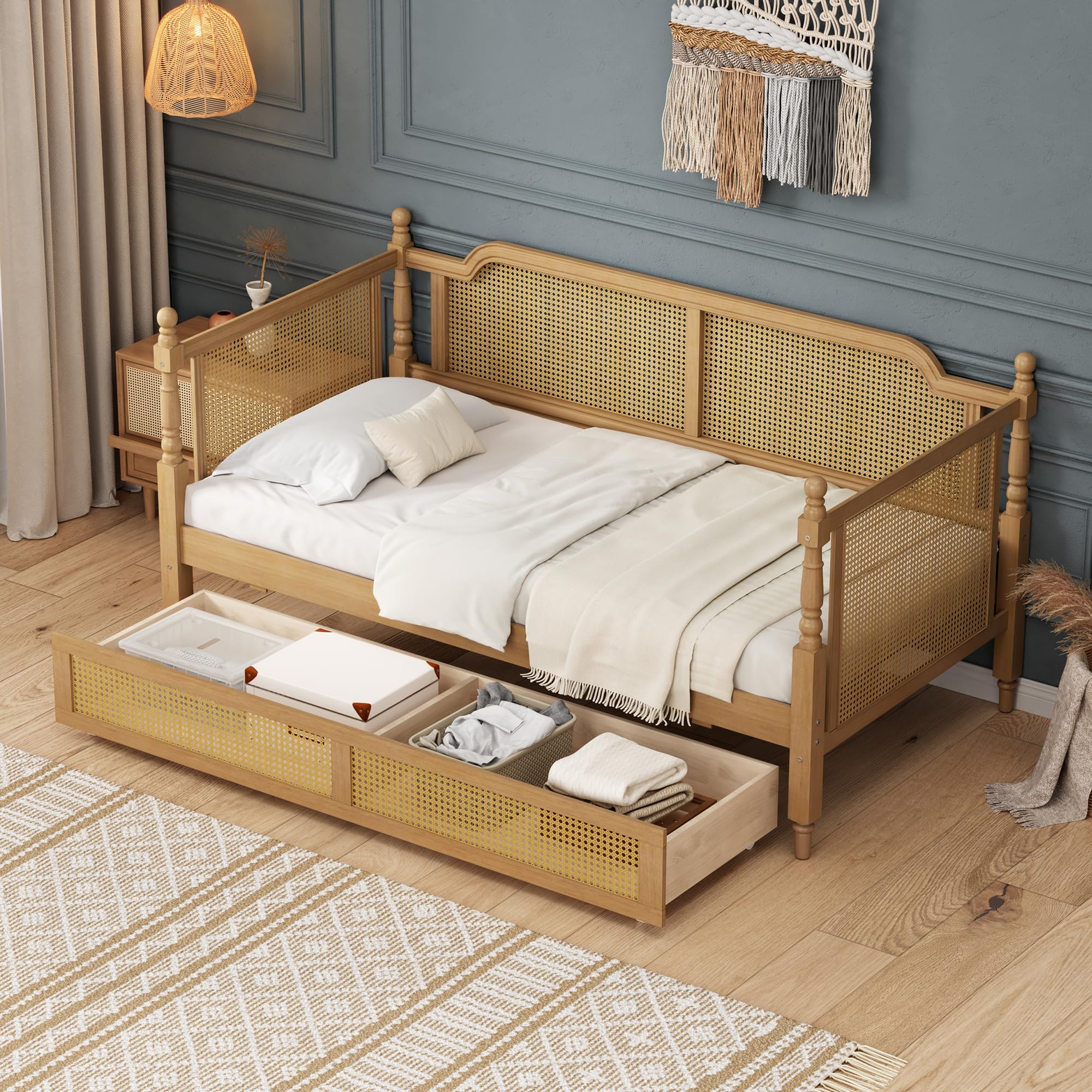 SOFTSEA Rattan Full Daybed with Storage Drawers, Traditional Boho Daybed with Wood Slats Support for Living Room Bedroom, No Box Spring Needed, Easy Assembly, Antique Walnut