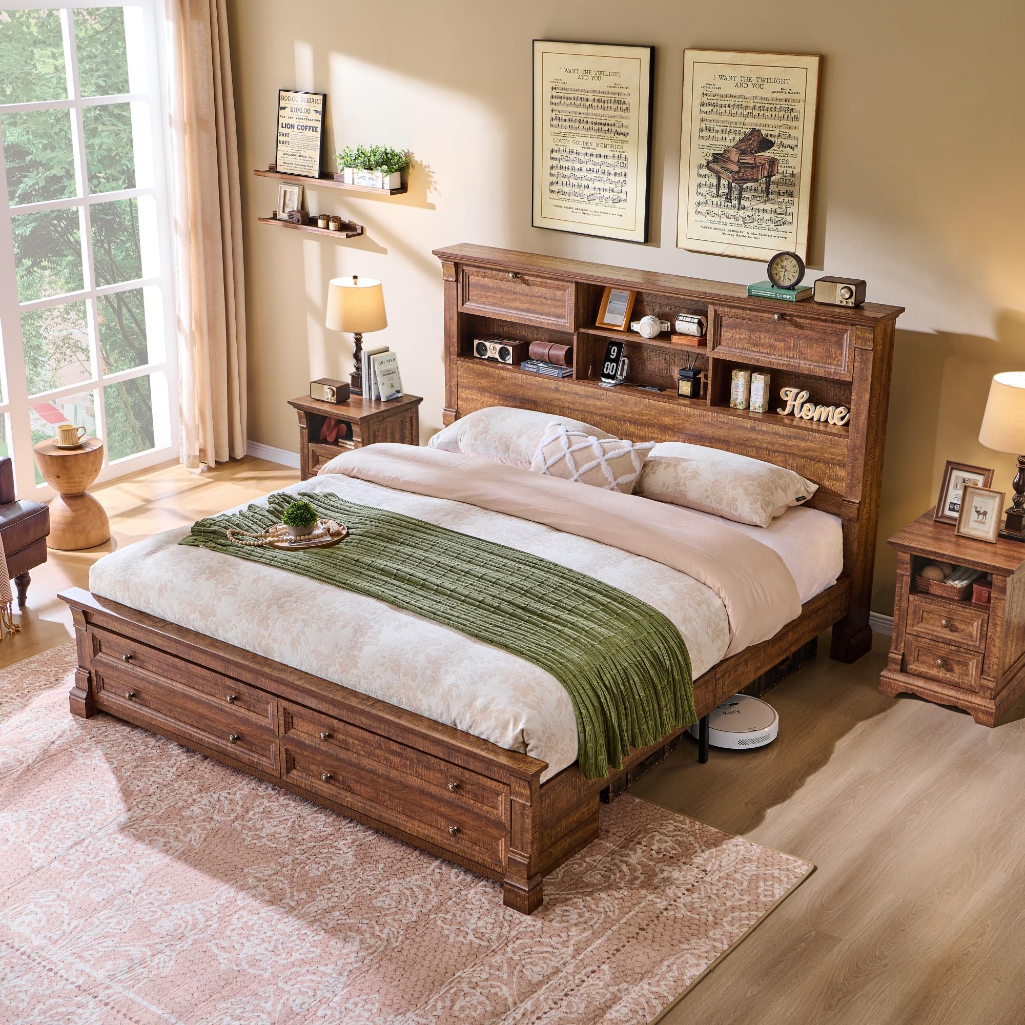 Queen Size Bed Frame with Tall Headboard & Storage