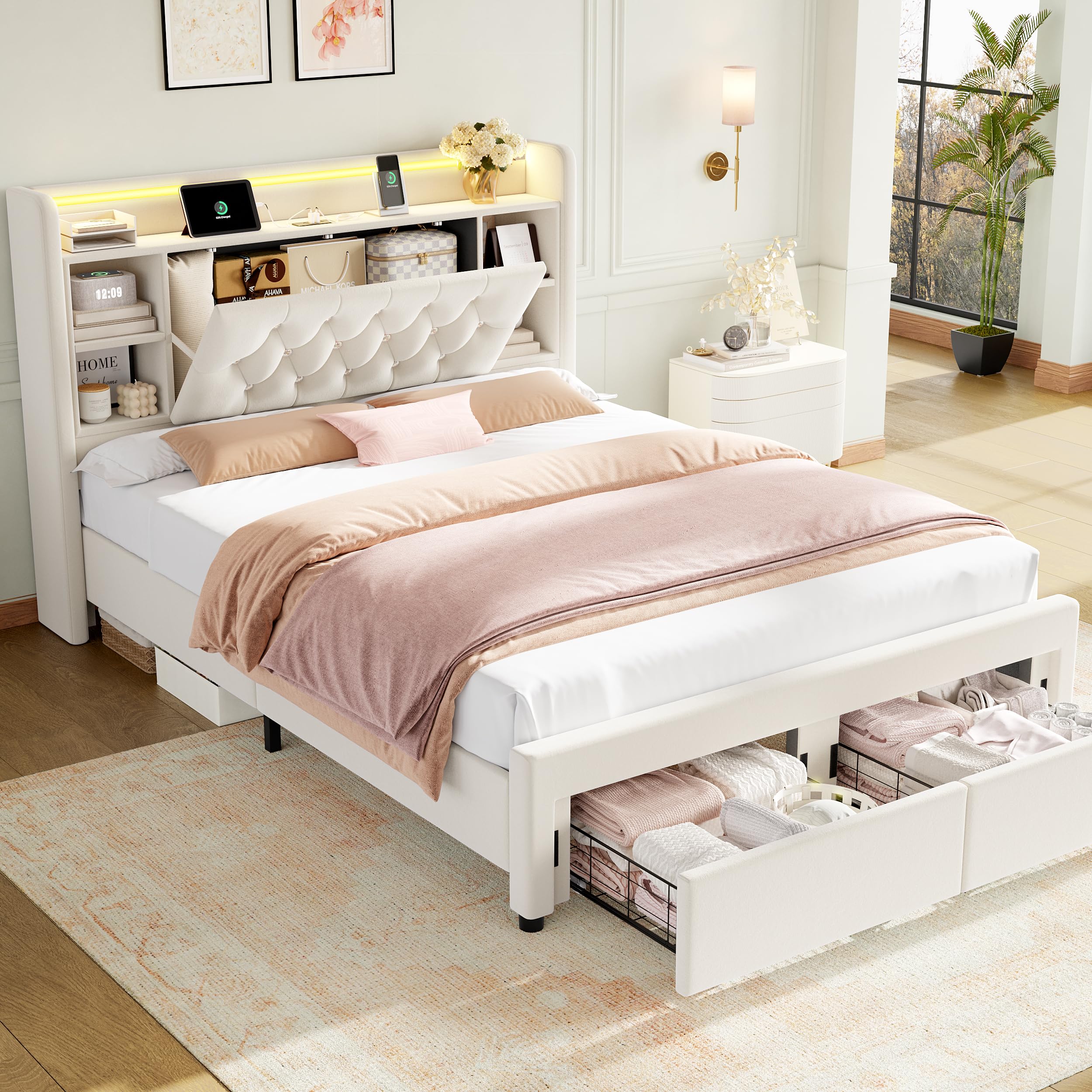 Upholstered Platform Bed with LED Headboard & Storage Drawers