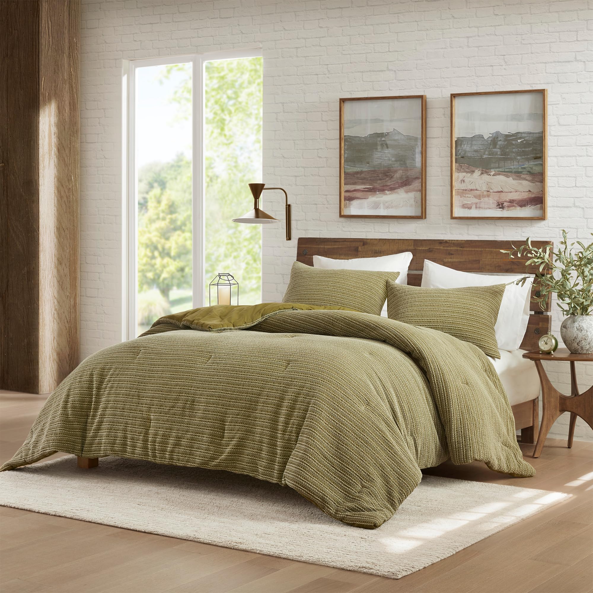 Woolrich Queen Comforter Set Cotton Waffle Pre-Stone Washed, Oversized Comforter, All Season Down Alternative Overfilled Queen Size Comforter, Lyon, Full/Queen Green 3 Piece