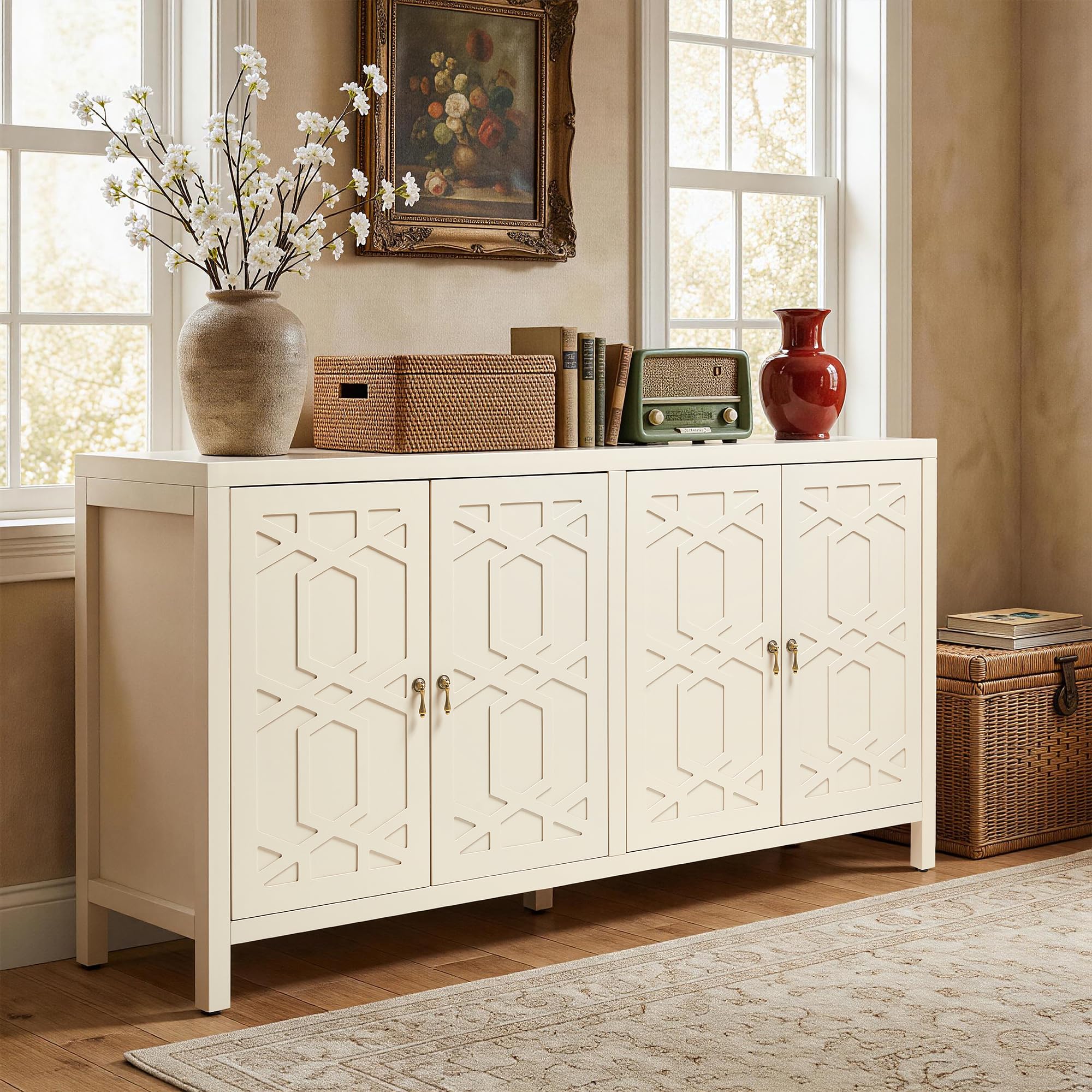 RoyalCraft Buffet Cabinet with Storage, 60" W Modern Coffee Bar Sideboard with 4 Doors & Adjustable Shelves, Painted Wooden Credenza for Dining Room, Kitchen, Living Room, Beige