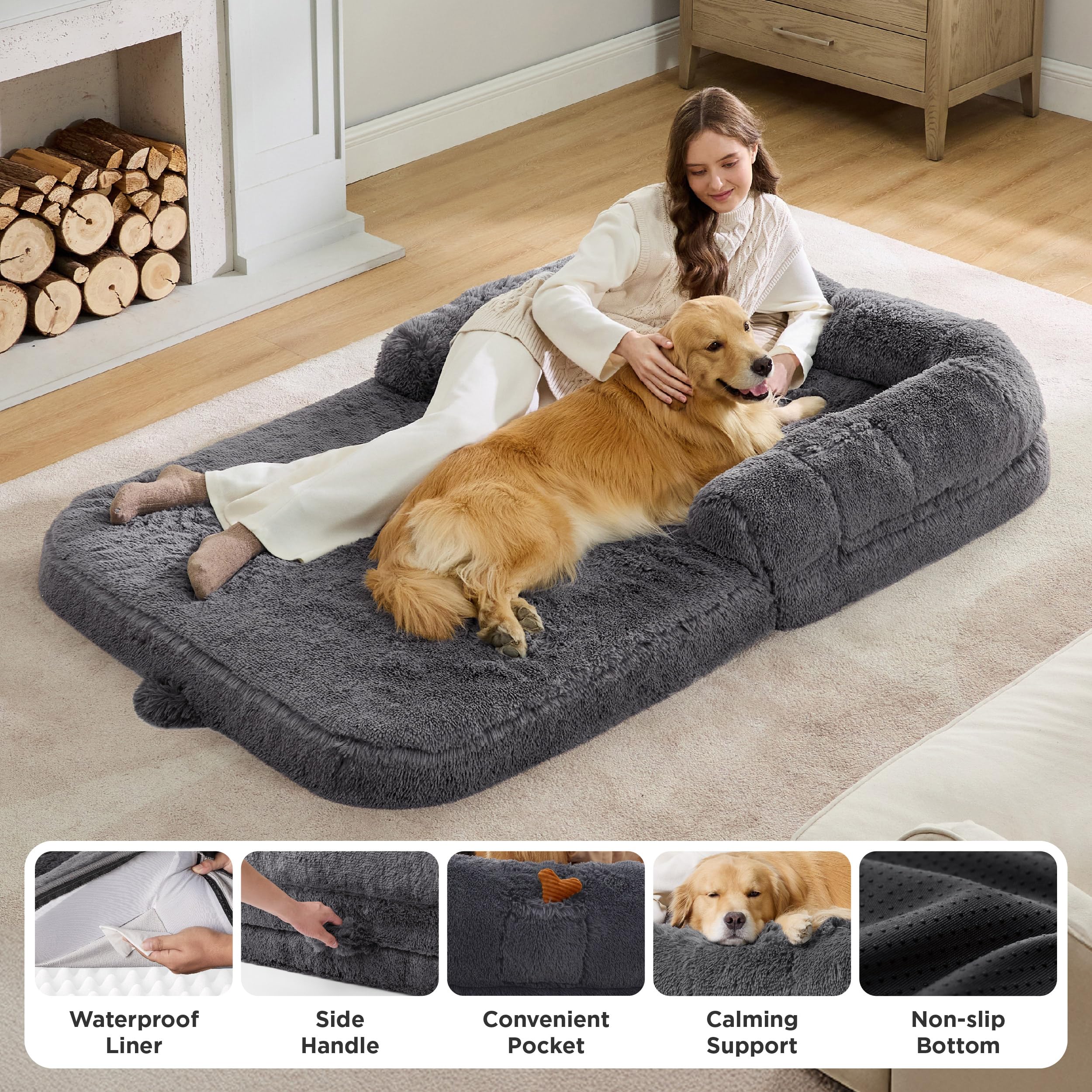 Foldable Human Dog Bed – Egg Foam, Bolster, Waterproof, Washable
