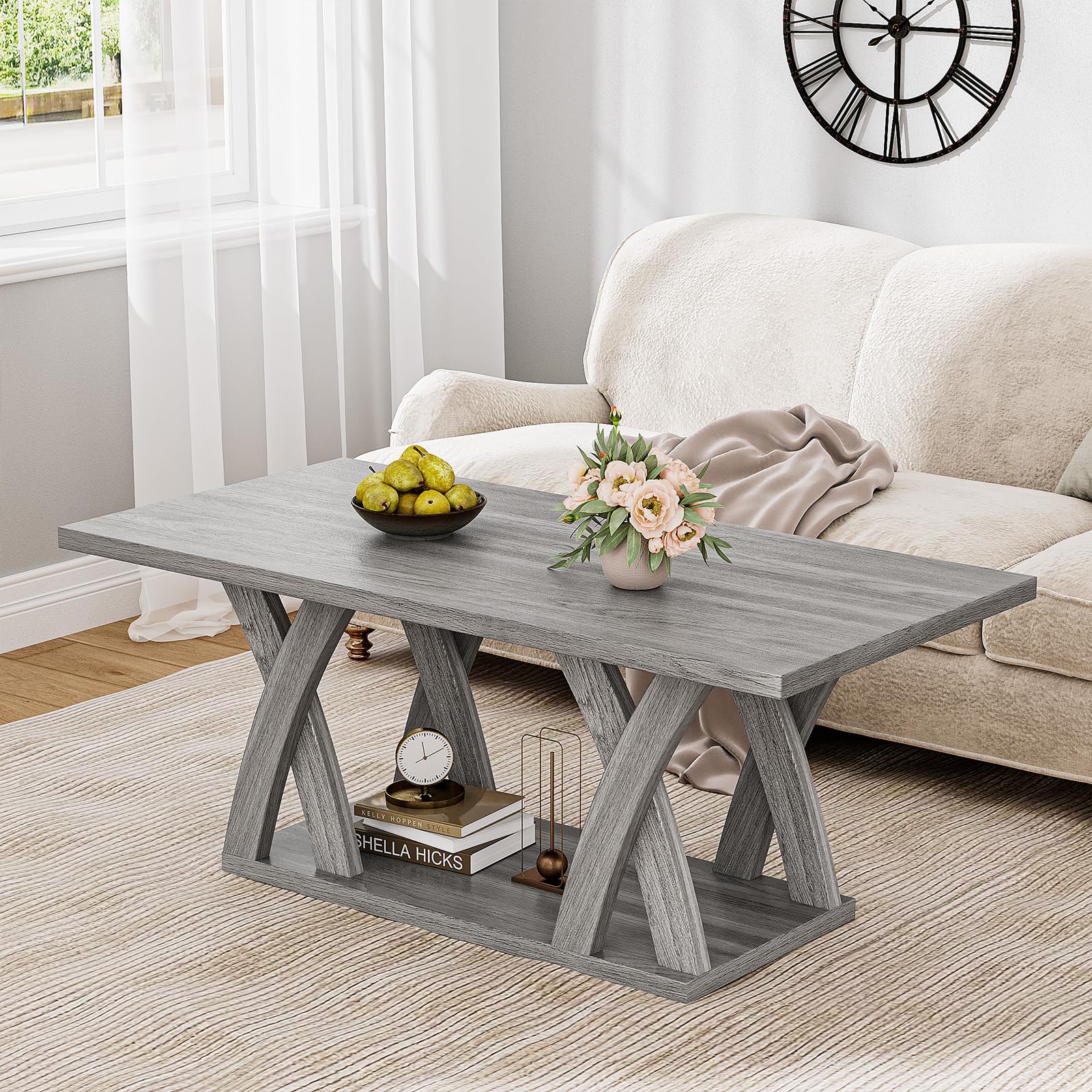 Farmhouse Coffee Table with Storage Shelf