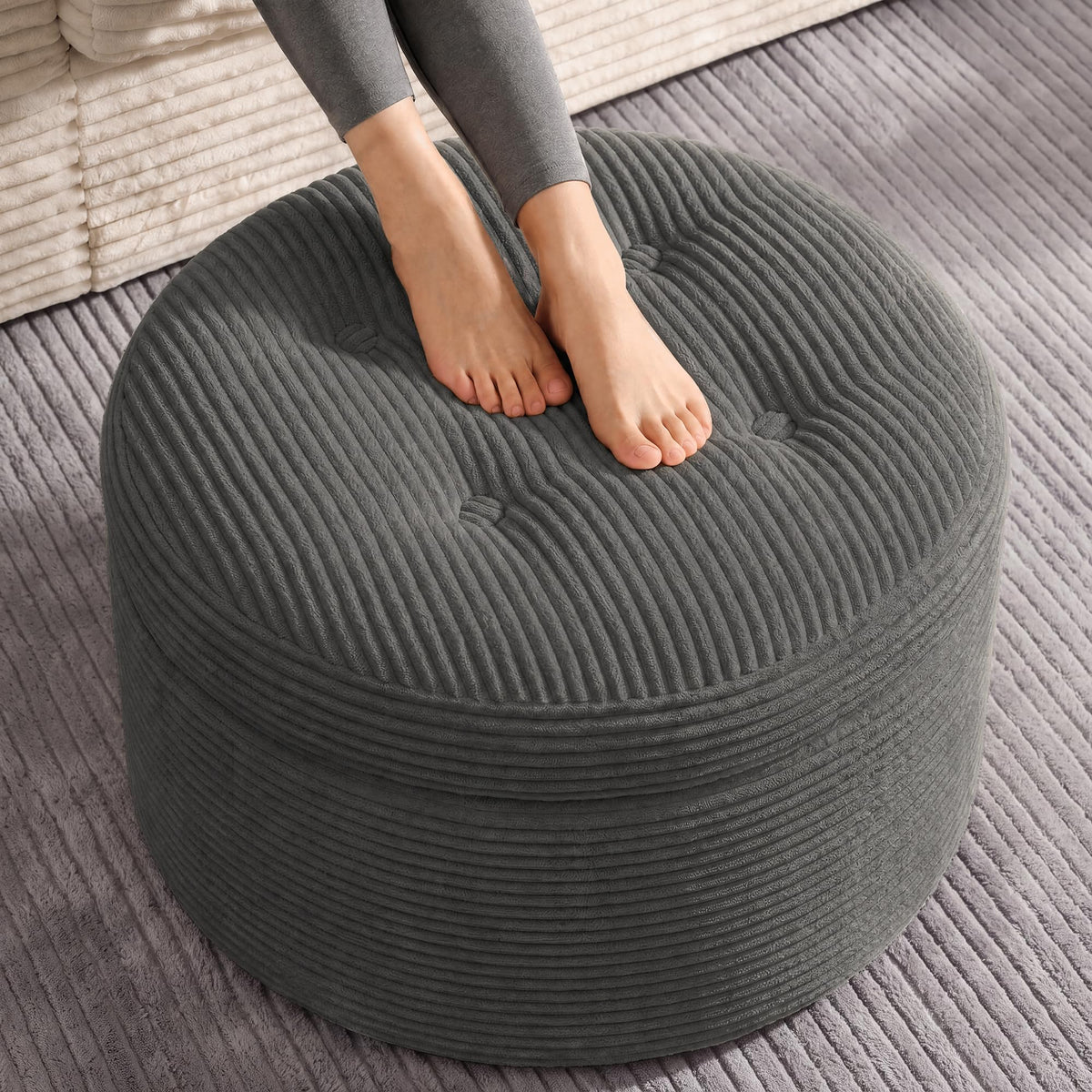 Fabulcozy 23.6in Round Pouf Ottoman, Corduroy Footstool Foot Rest Seating