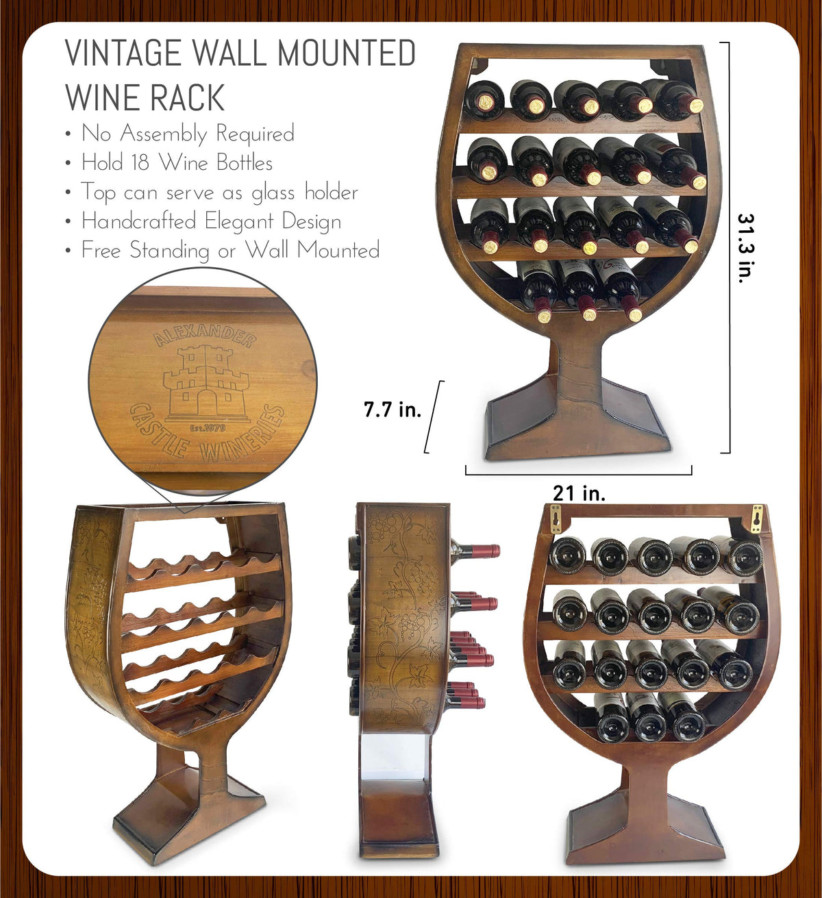 CoTa Global Wine Glass Shaped Wall Mounted Wine Rack - 18 Bottles Freestanding Wooden Wine Holder, Hanging Bottle Rack or Floor Stand, Rustic Wine Storage Shelf Organizer for Wine Bar & Home Décor