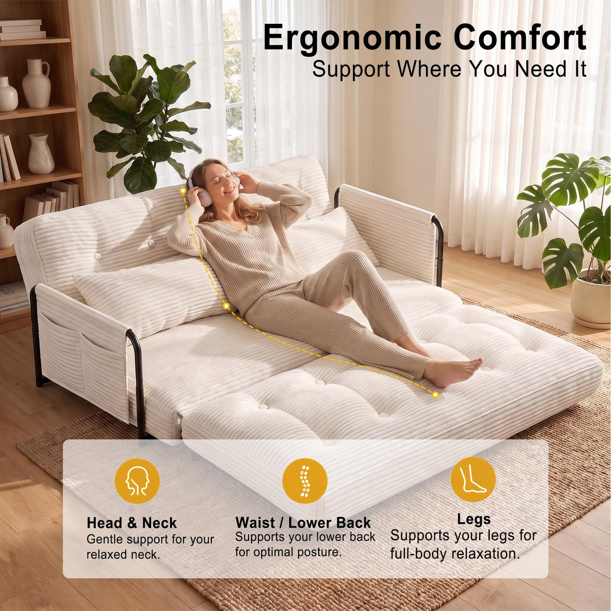 Mr IRONSTONE Folding Sofa Bed Couch with 2 Pillows, 2-Person Convertible Futon Floor Sofa Recliner with Armrests, Foldable Sleeper Couch for Living Room, Bedroom, Dorm, White