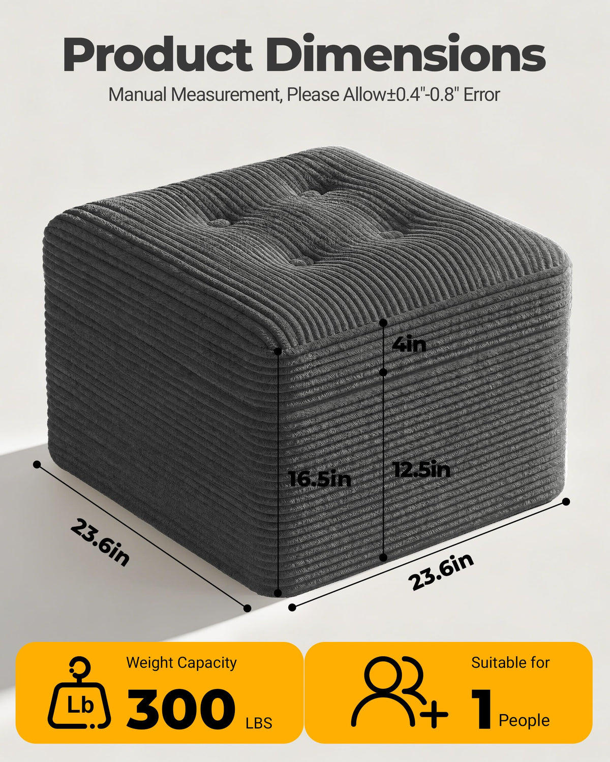 Fabulcozy 23.6in Pouf Ottoman, Corduroy Ottoman Foot Rest with Dual‑Layer Support, Large Plush Pouf with Soft Chunk‑Foam Top & Firm Foam Base, Floor Foot Stool for Living Room, Dark Grey