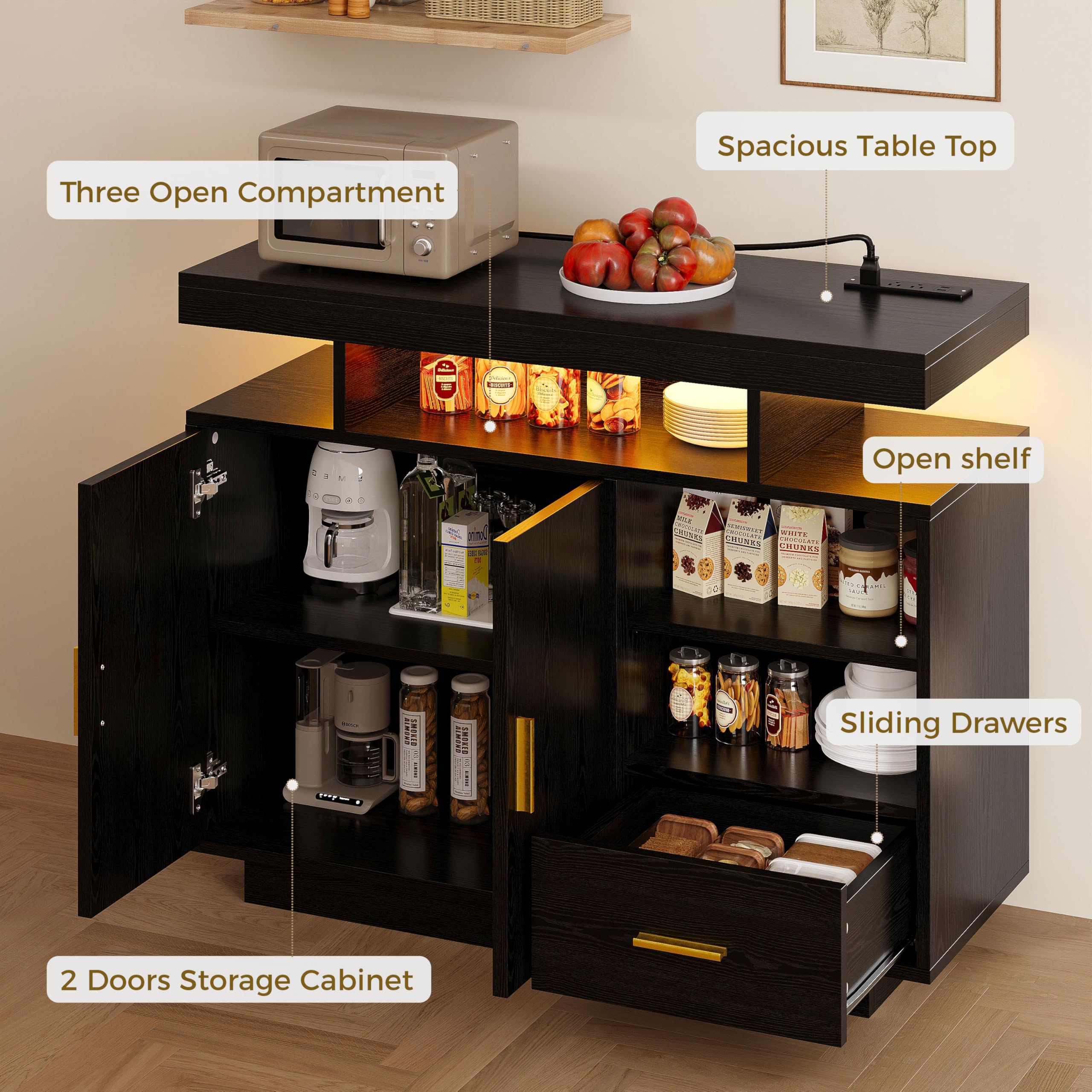 IRONCK Buffet Cabinet, Sideboard Cabinet with Power Outlet and LED Light, Modern Storage Cabinet with Drawer, Coffee Bar Cabinet with Doors and Shelves for Kitchen, Black