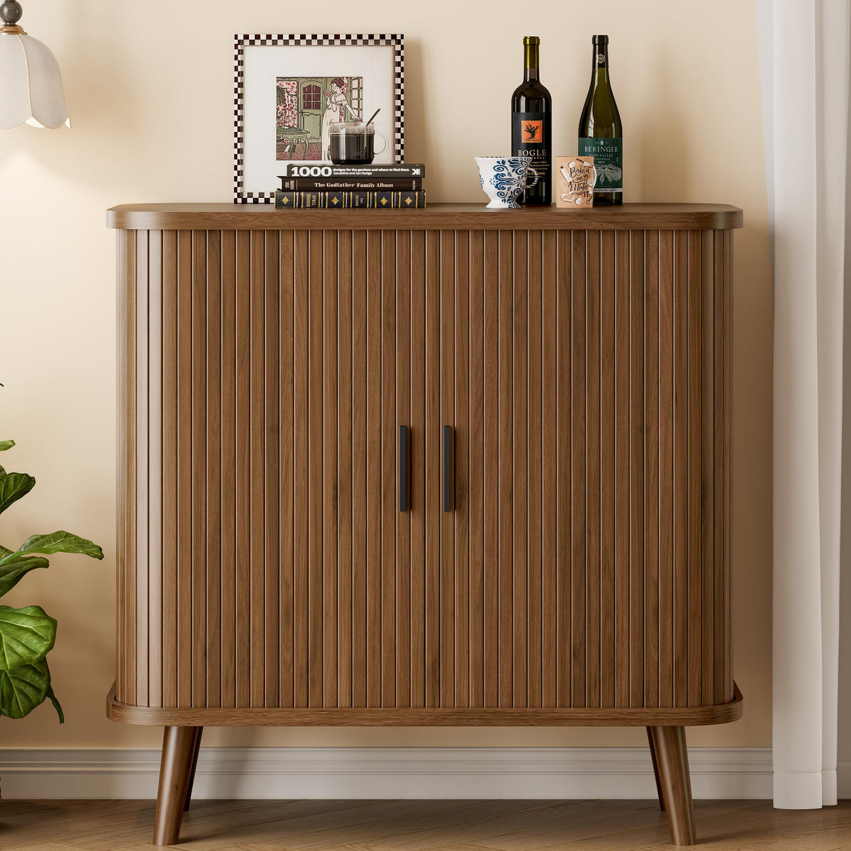 Xixini Fluted Sideboard Buffet Cabinet with Sliding Doors, 31.5", Walnut