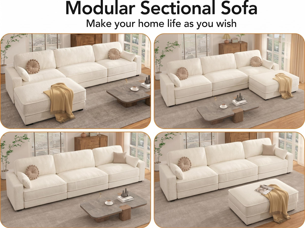 Vipbear 120" Oversized Modular Sectional Sofa, L Shaped Couch Set with 2 Pillows, 4 Seat Comfy Cloud Couches with Movable Ottoman for Living Room, Bedroom and Apartment, Chenille Beige