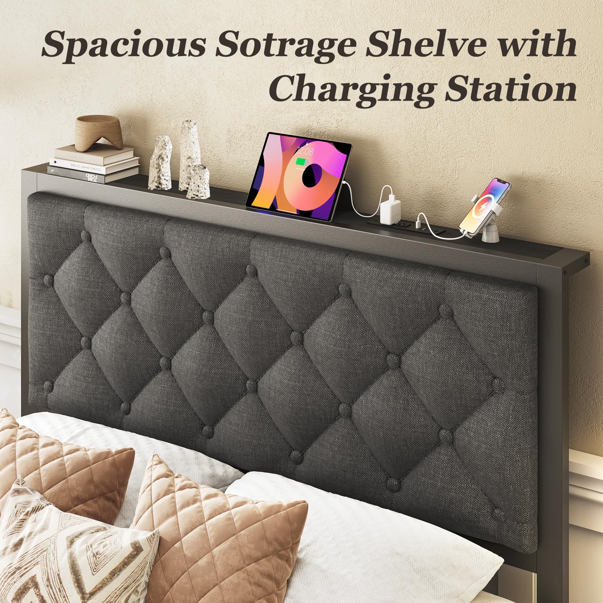 Fluest Twin Bed Frame with Storage Drawer, Upholstered Headboard Button Tufted Bed Frame with Charging Station, No Box Spring Needed, Noise-Free, All Metal Structure, Grey