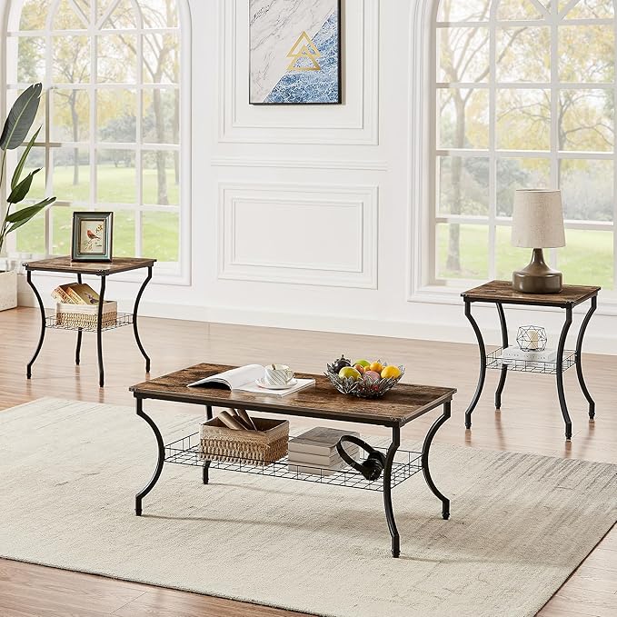3-Piece Coffee & End Table Set with Storage Shelves