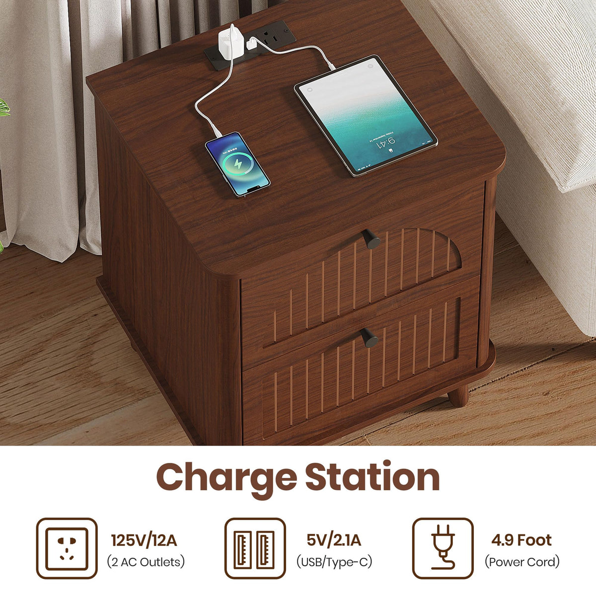 Walnut Nightstand with Charging Station