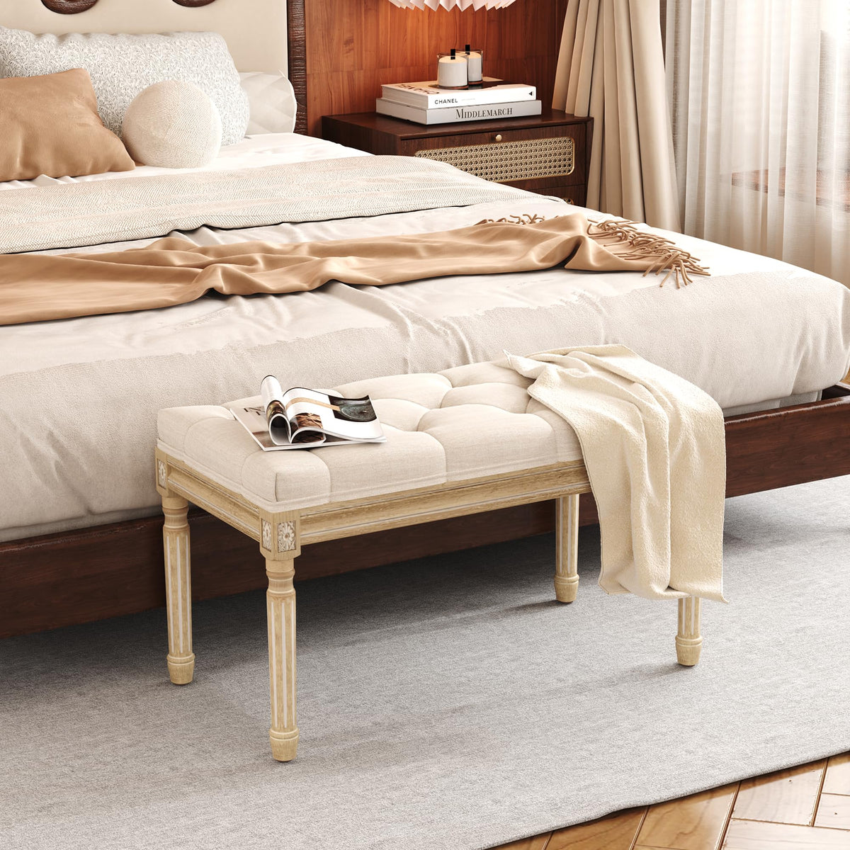 Beige Tufted Upholstered Bench
