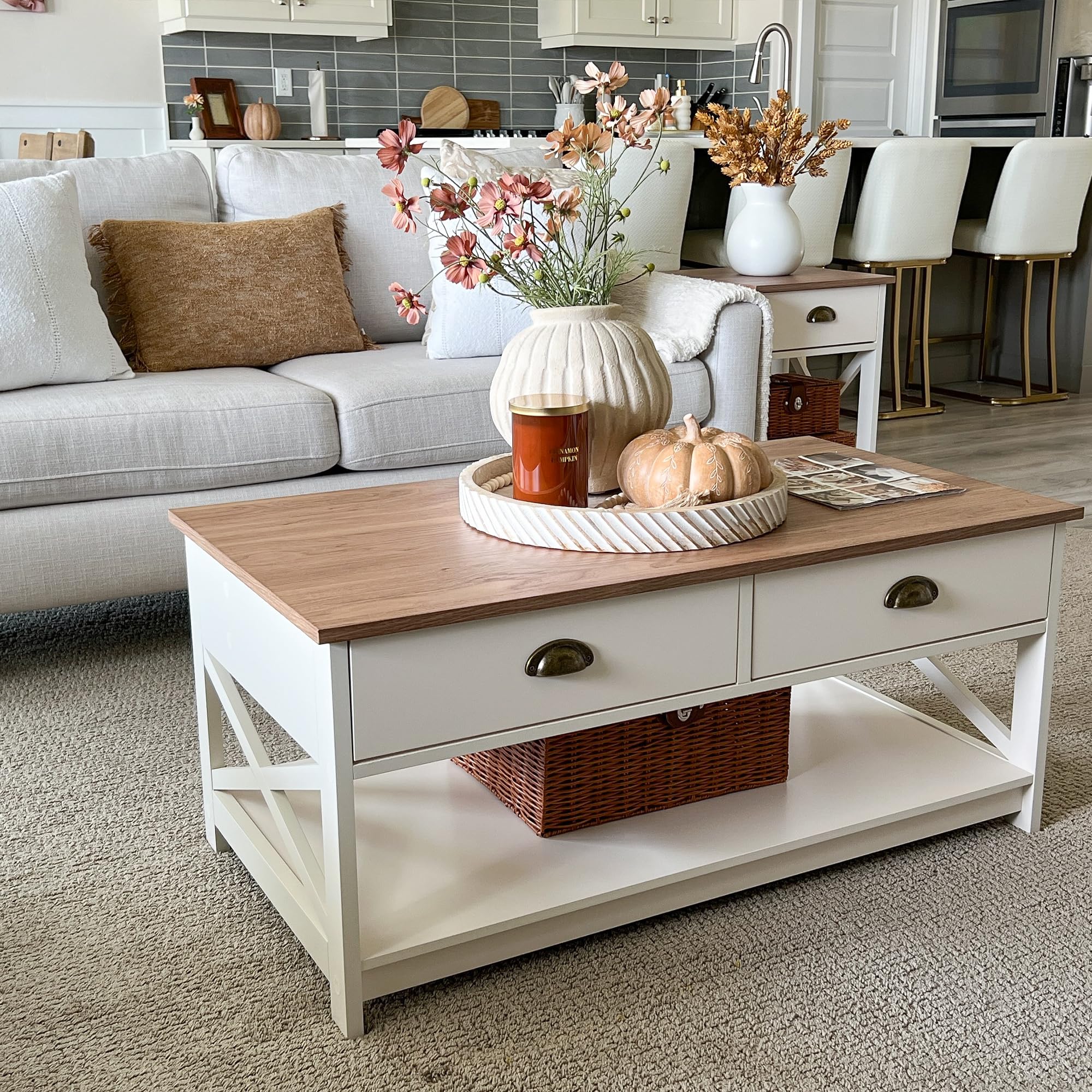 PHI VILLA Coffee Table for Living Room - Farmhouse Modern Coffee Tables with Storage, Ivory White Coffee Table