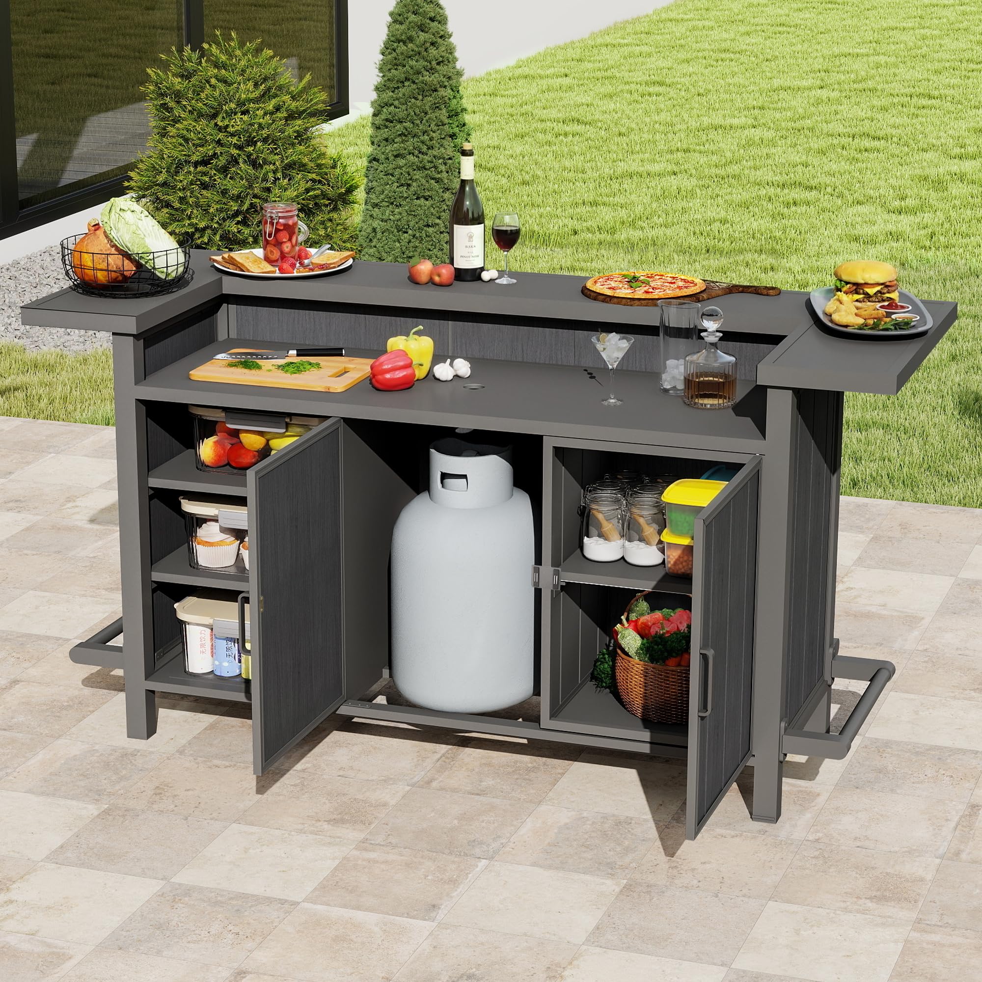 Domi Patio Bar Table, Outdoor Aluminum Bar Height Table with Cabinet, All Weather Use Storage Patio Cart for Patio Kitchen or Bar Cart, Black Grey