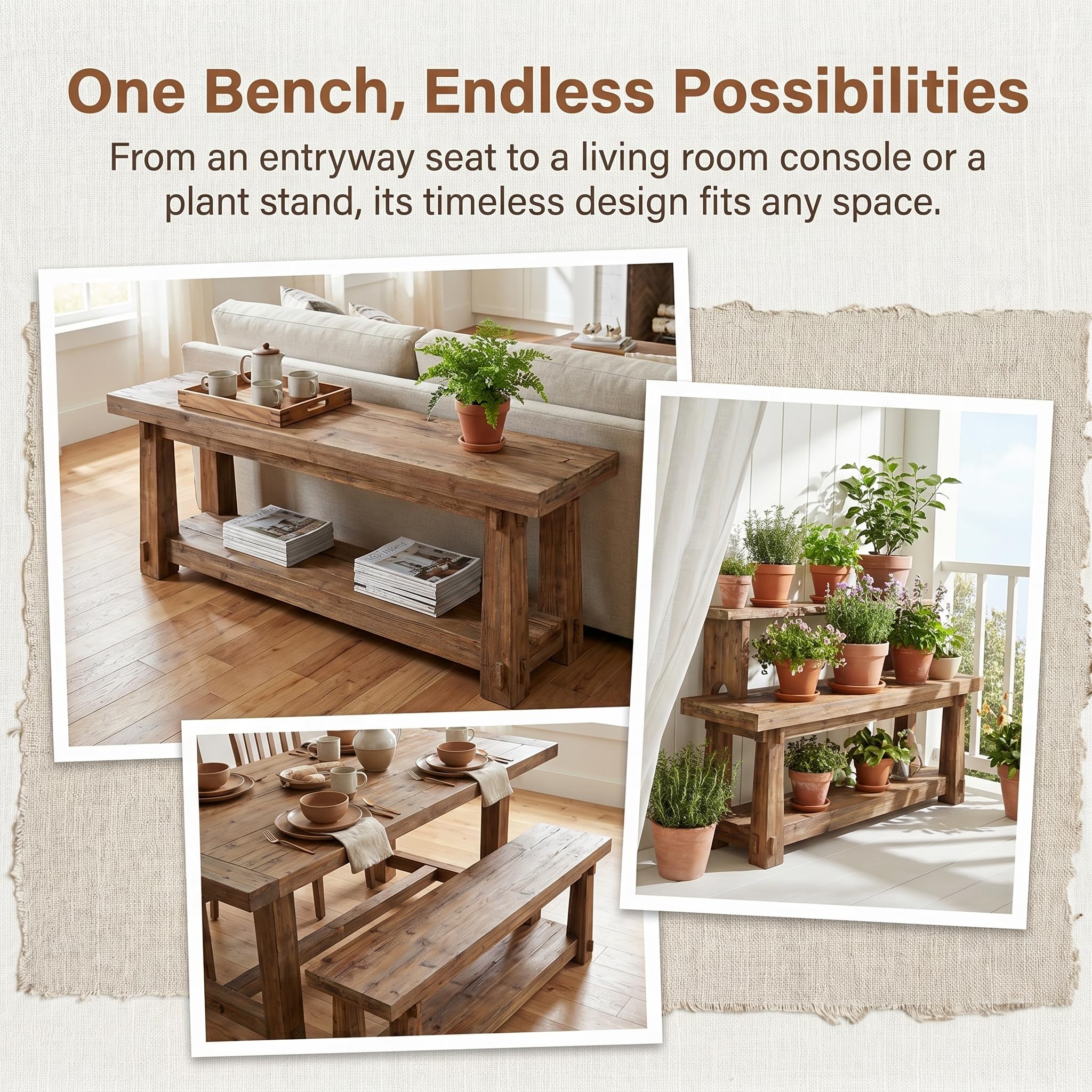 TRIBEWOOD 55" Solid Wood Entryway Bench with Shoe Storage, Rustic Wood Grain Shoe Rack Window Bench Seat for Foyer, Hallway, Mudroom, Bedroom, Easy Assembly (Rustic Light Wood)