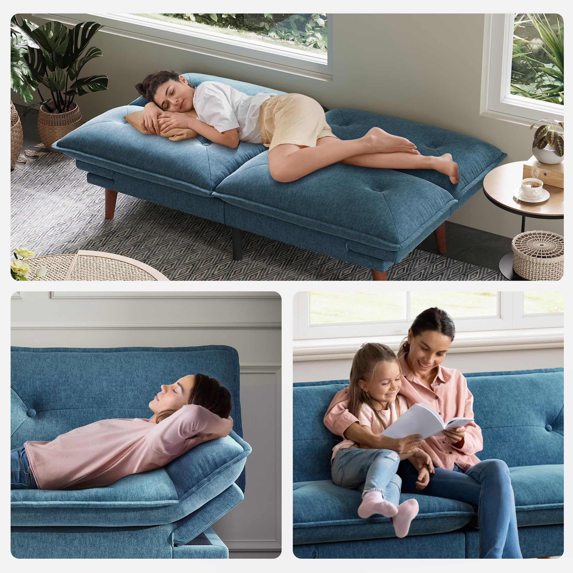 LINSY HOME Futon Sofa Bed, 70" Chenille Futon Couch with Adjustable Backrest Armrest, 3 in 1 Convertible Comfy Loveseat Sleeper Sofa Bed for Small Spaces Dorm Room Apartment Home Office, Blue